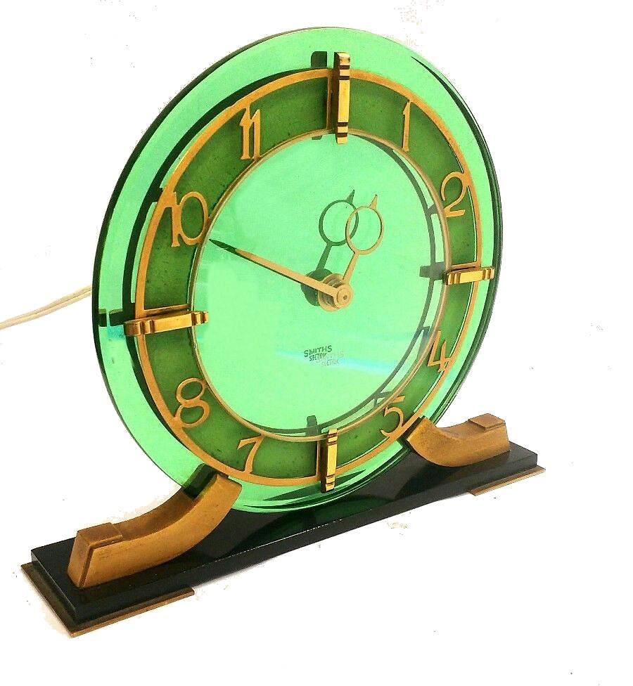 Glass English Art Deco Green Mirror Clock by Smiths Clock Company