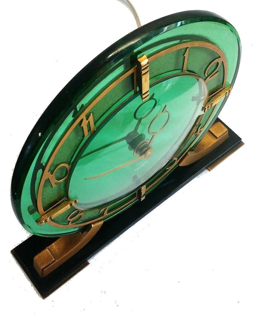 English Art Deco Green Mirror Clock by Smiths Clock Company 2