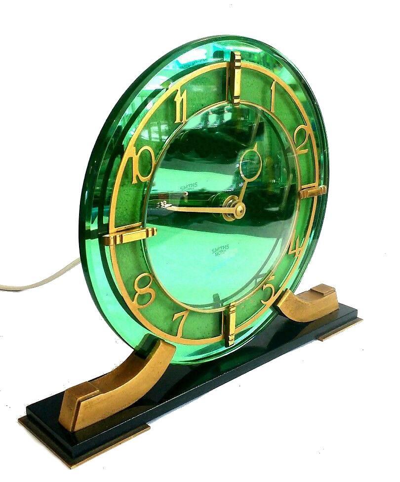 English Art Deco Green Mirror Clock by Smiths Clock Company 3