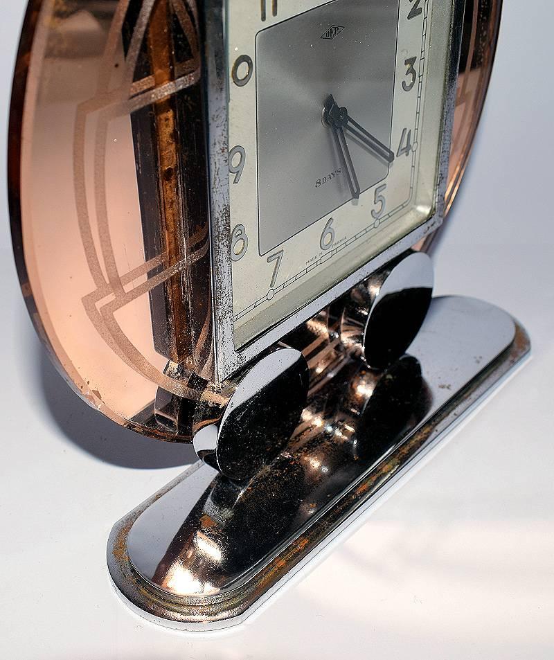 French Art Deco Modernist Mirror Clock 8 Day For Sale 1