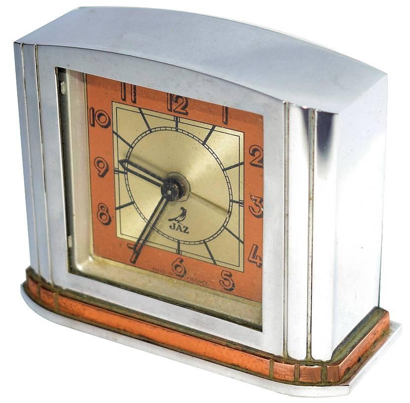 Very cute and quite rare little Art Deco Chrome French alarm clock by the well known makers 'Jaz'. This clock is a real delight and totally authentic. Quite a weighty little piece and in above average condition. 95% of the chrome is crisp and clean.