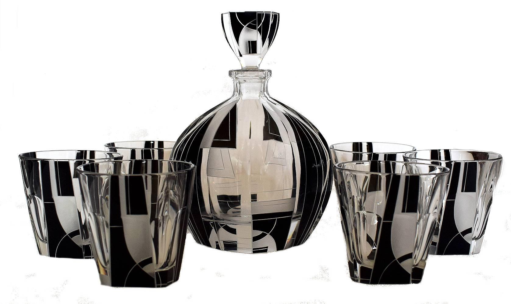 High Style Art Deco Whisky Glass and Enamel Decanter Set by Karl Palda In Excellent Condition In Devon, England