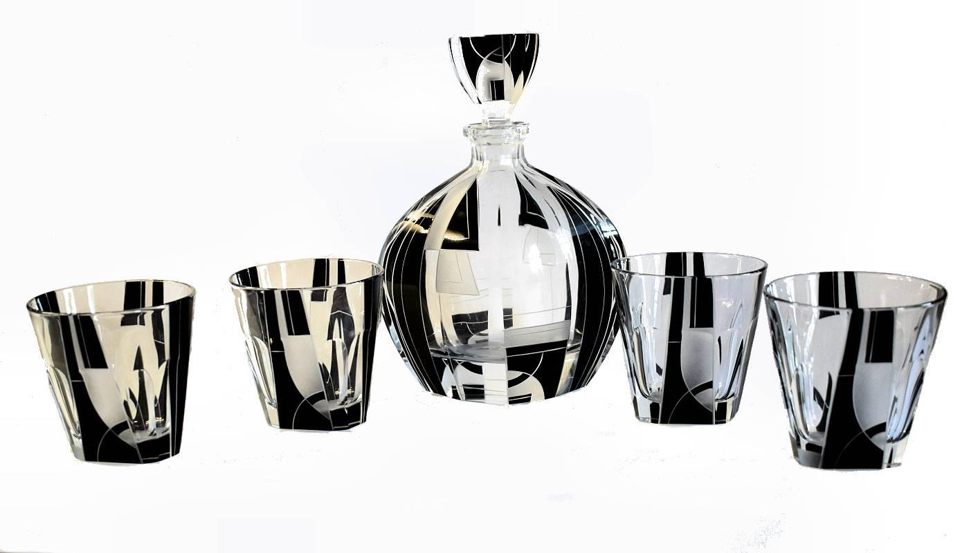 20th Century High Style Art Deco Whisky Glass and Enamel Decanter Set by Karl Palda