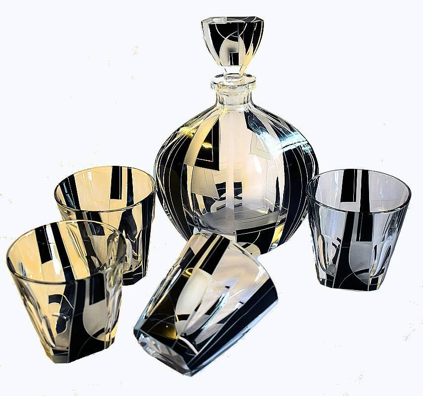High Style Art Deco Whisky Glass and Enamel Decanter Set by Karl Palda 1