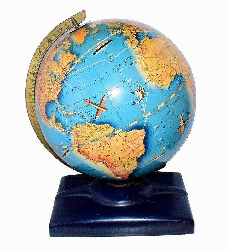 Everyone loves globes but this one is a little different and a true delight. The colors are very vibrant almost Disney like, on close inspection you can see penguins, ocean liners, steamships and airplanes flying over different continents. Coated