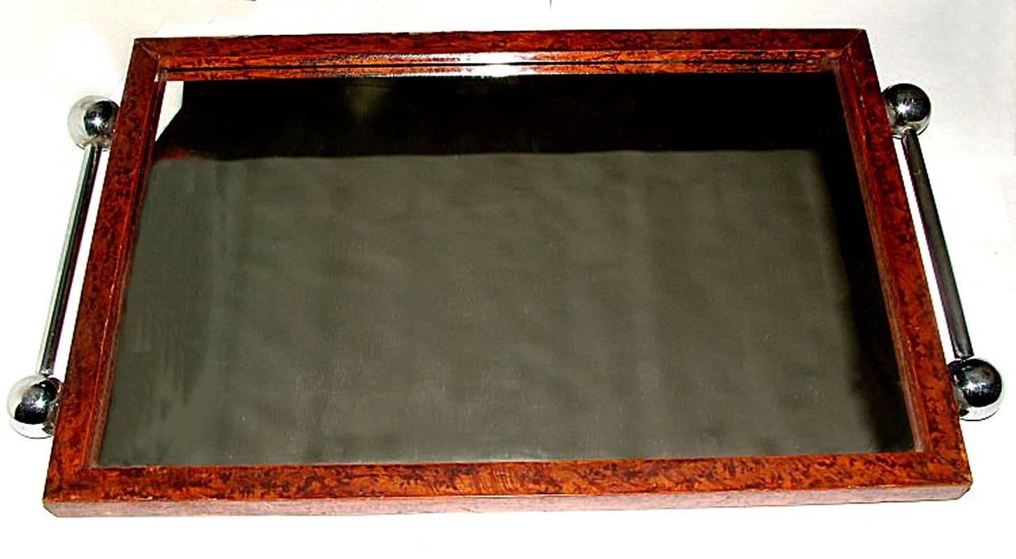 Superb and totally authentic Art Deco geometric tray. This tray is a great size for modern use and also is very unusual, having both sides as a working usable side. One side is reverse painted with a great geometric pattern, the reverse is fully