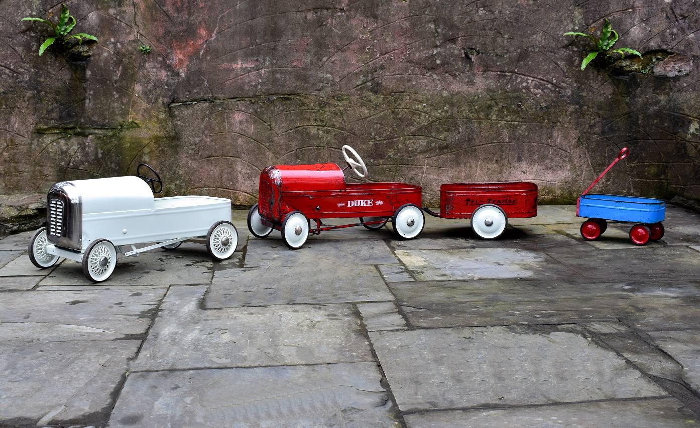 Cut Steel English 'Duke' Childs pedal Car by Triang with Tri Trailer