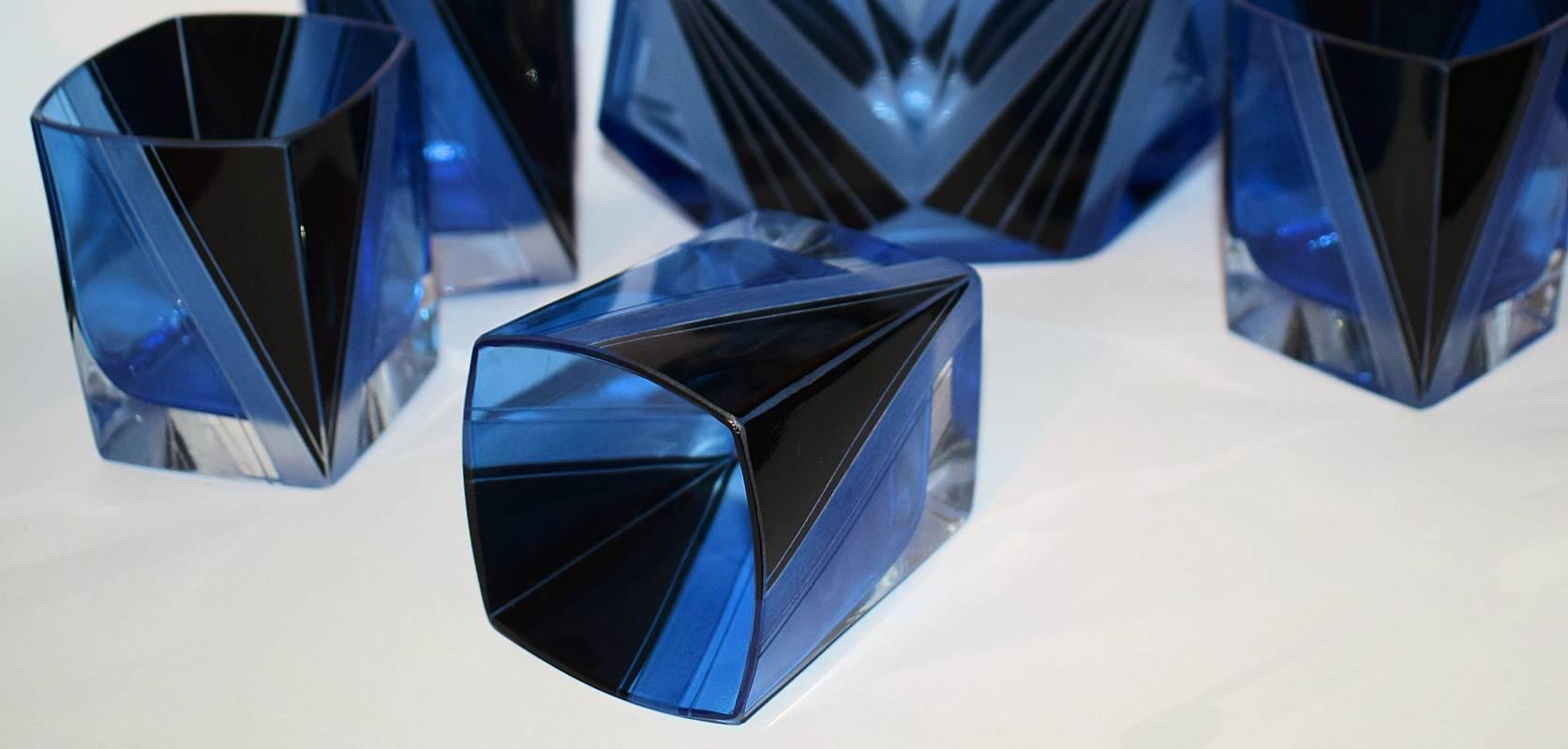 Czech Original Art Deco Blue Glass Decanter Set