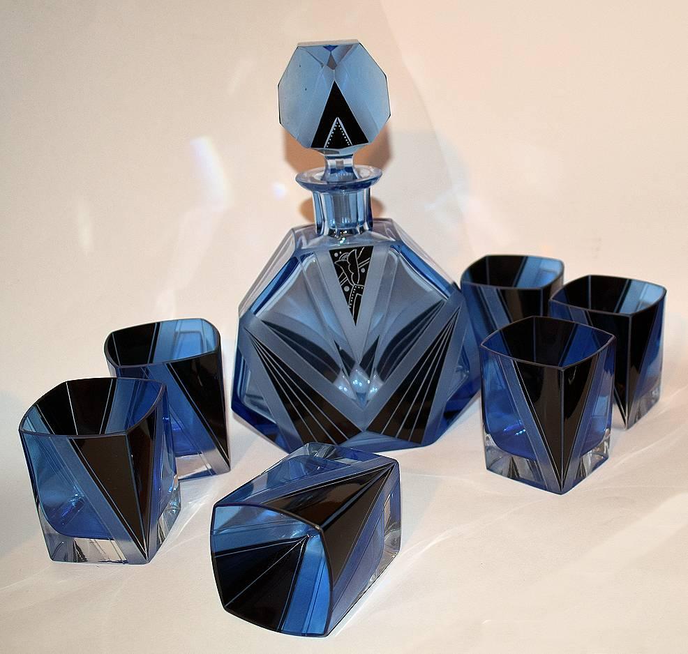 Original Art Deco Blue Glass Decanter Set In Excellent Condition In Devon, England