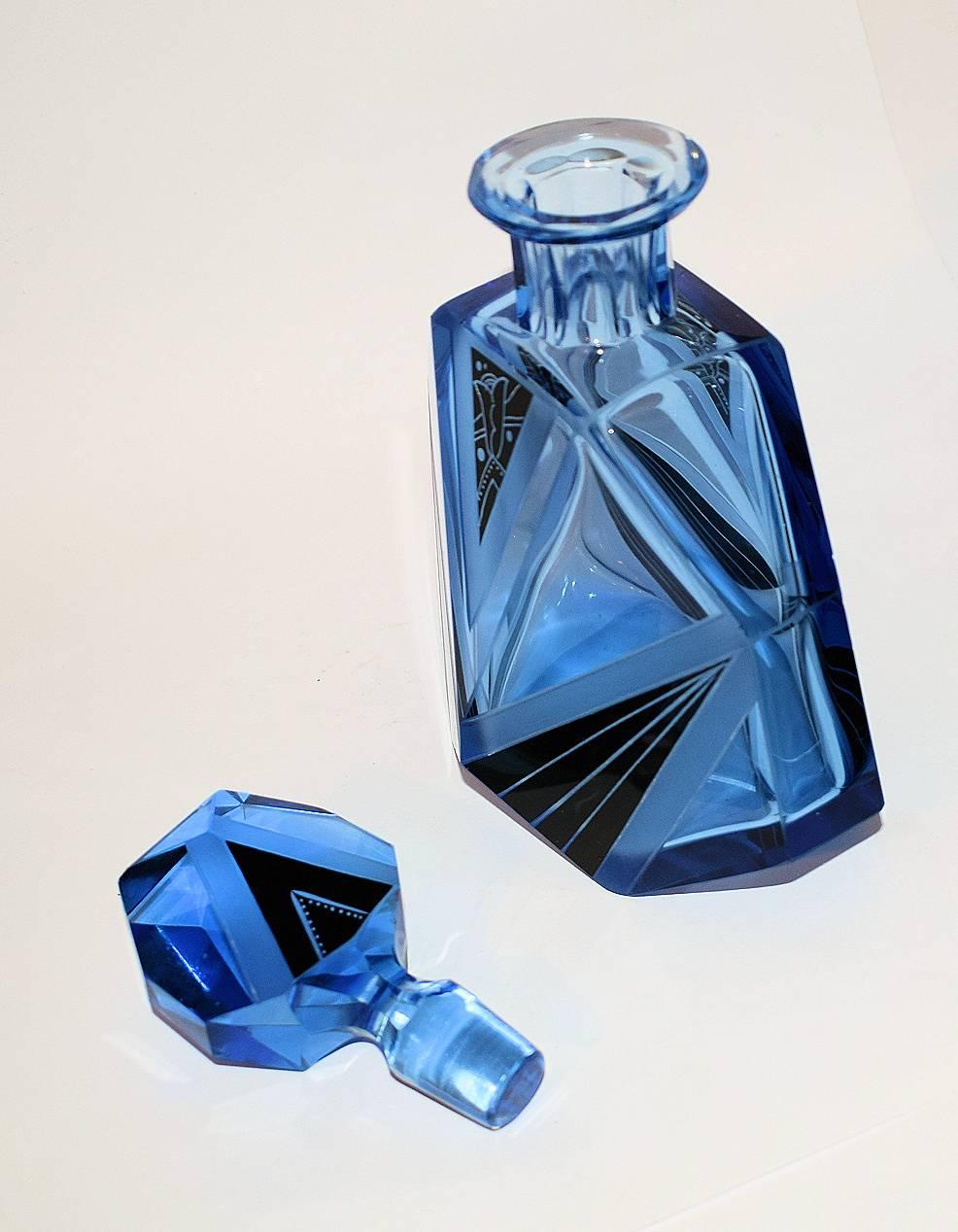 20th Century Original Art Deco Blue Glass Decanter Set