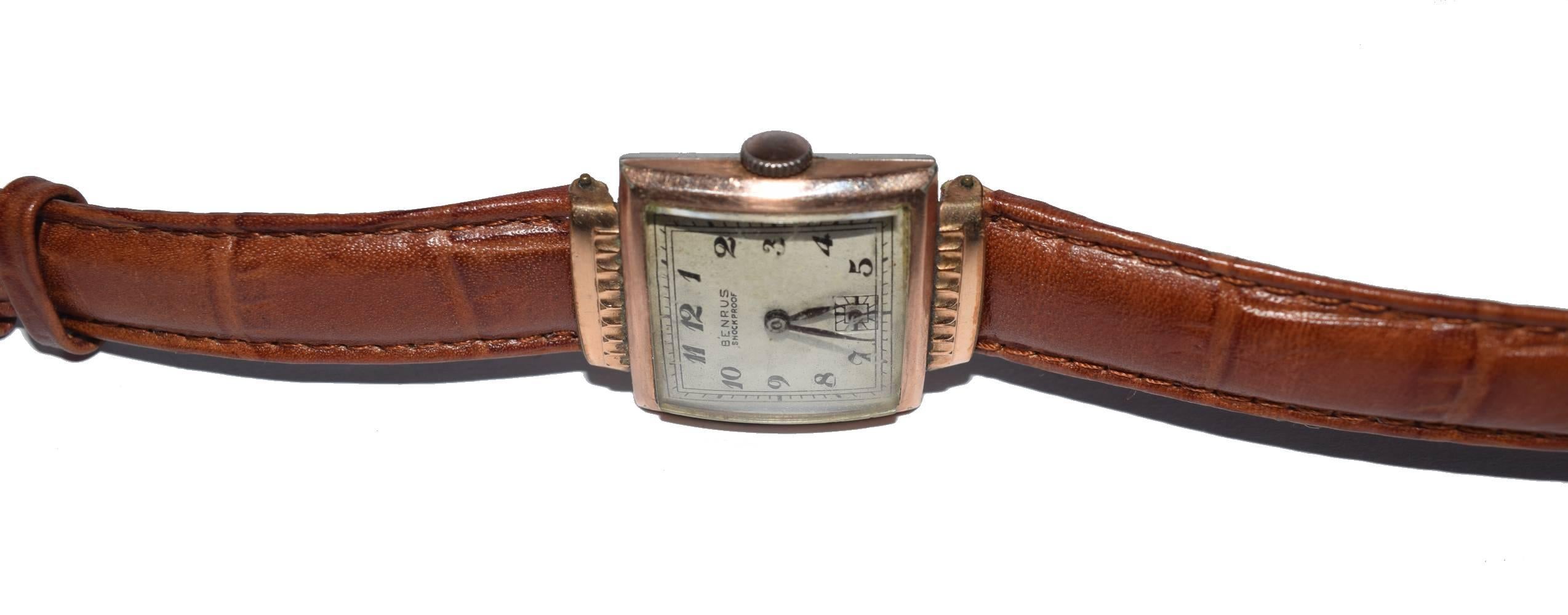 Gold Plate Art Deco Watch by Benrus, Swiss 17 Jewels with Hidden Lug