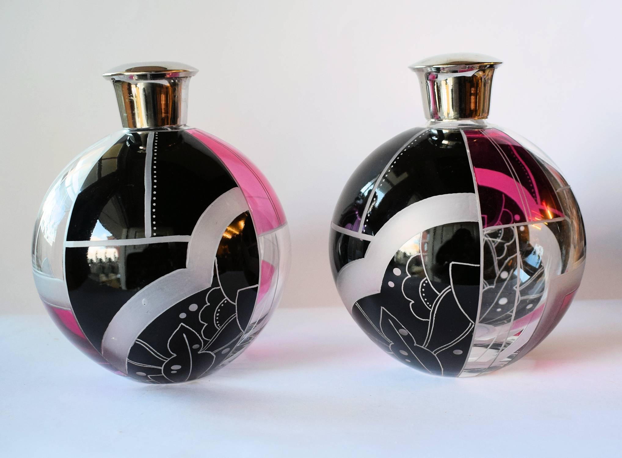 Glass Beautiful Pair of Art Deco Perfume Bottles by Karl Palda
