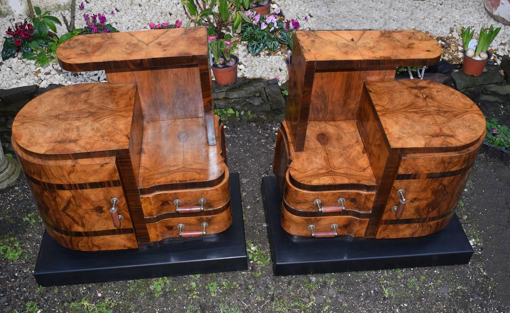 Chrome Art Deco Italian Pair of Matching Bedside Table Cabinets in Walnut