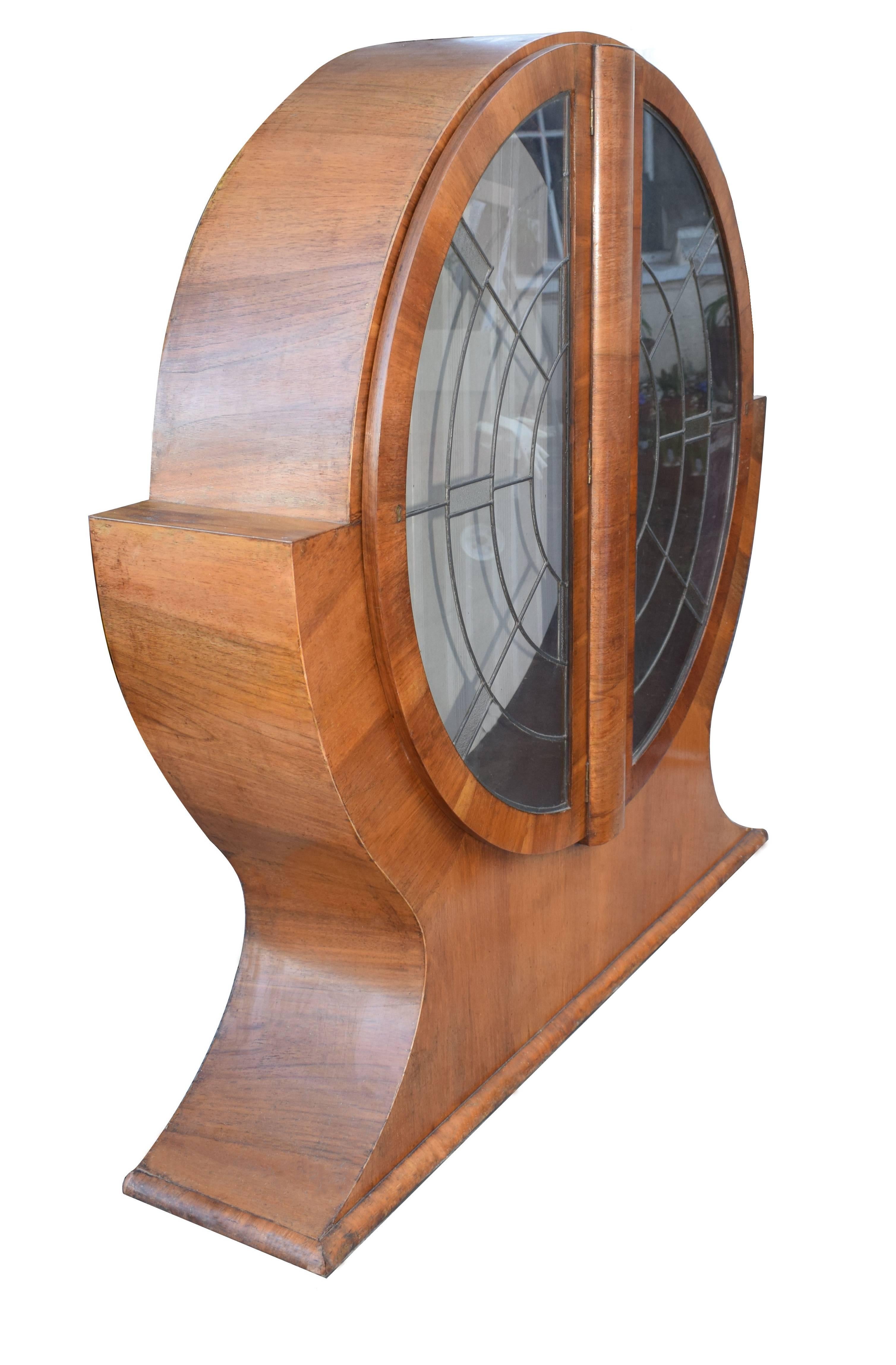 Glass 1930s English Art Deco Circular Display Cabinet in Walnut