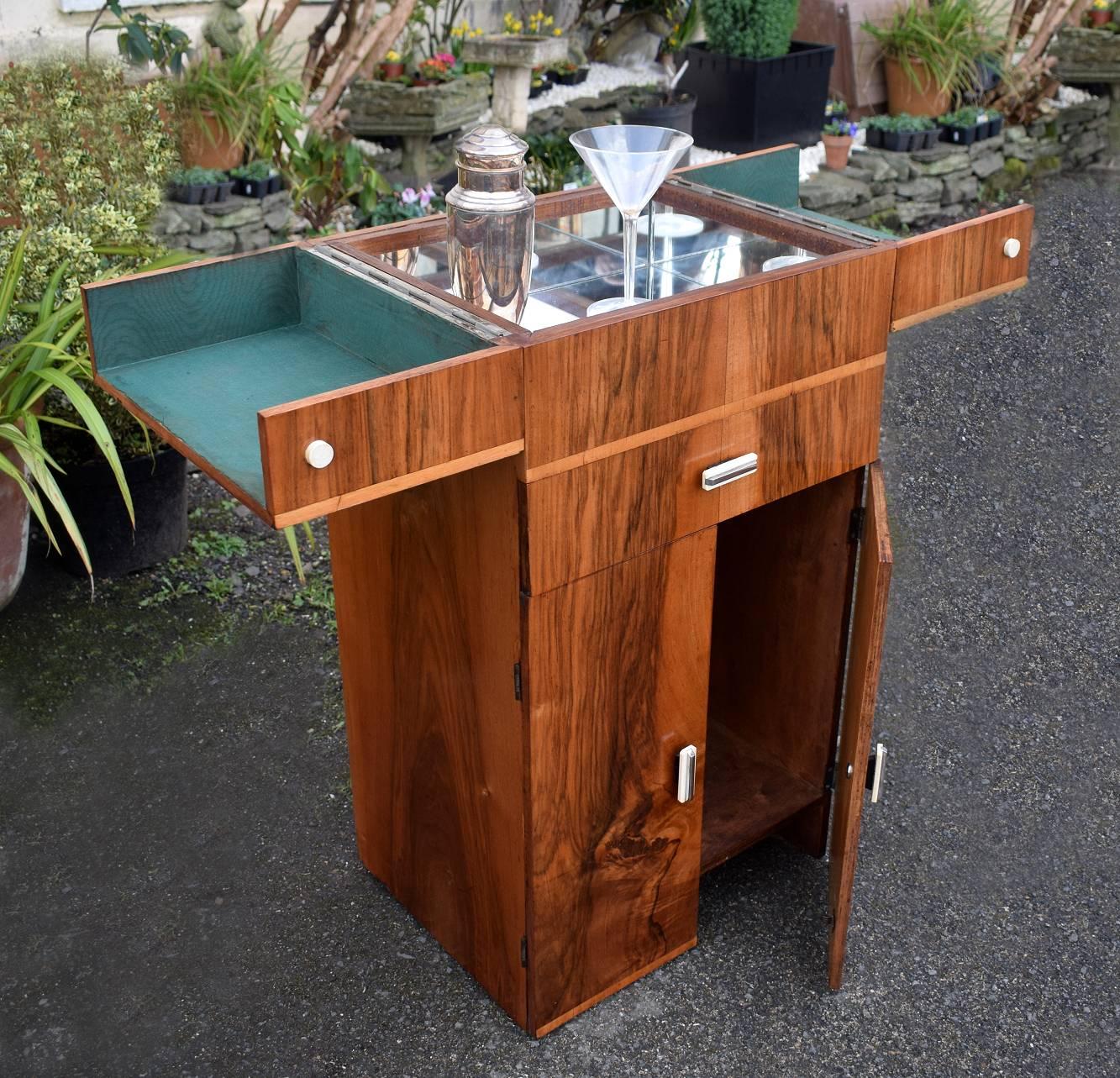 20th Century English 1930s Art Deco Walnut Portable Cocktail Cabinet