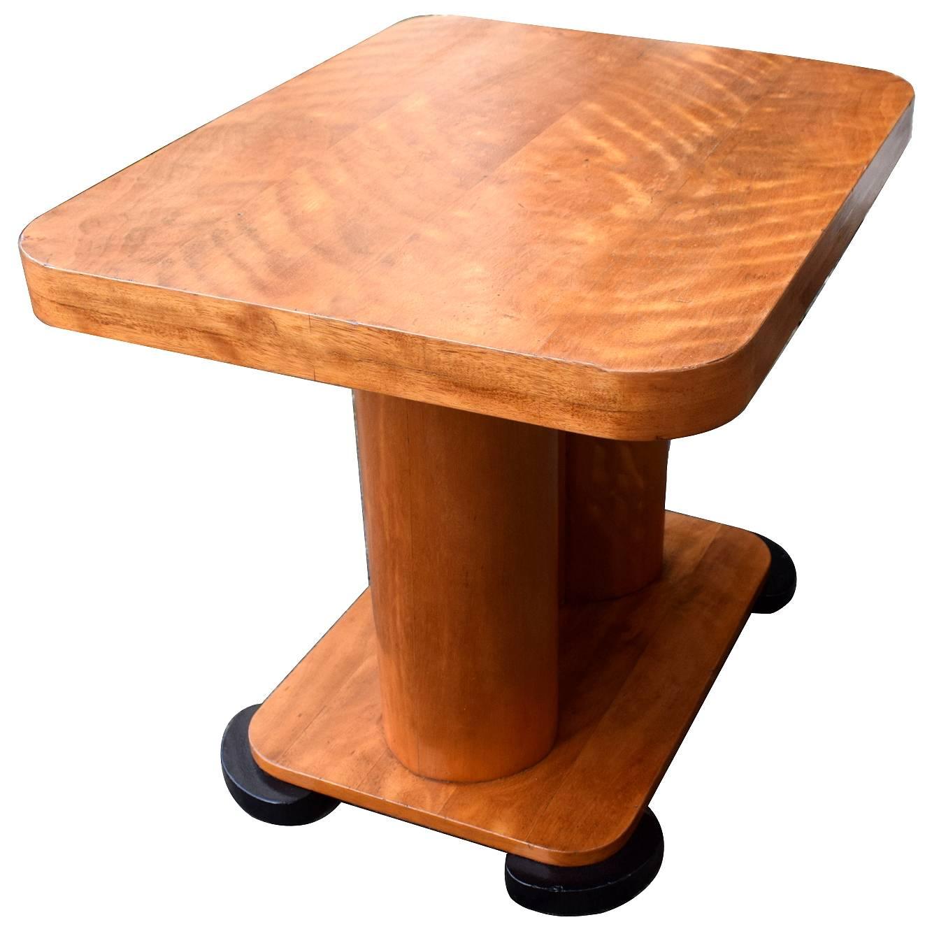This is a stunning looking table with superb deco design and shape. Ideal size for modern day use and a easily inter-grated blonde light tone satinwood for most rooms. We've had this table taken through our workshops and restored and so comes to you