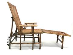 French Wicker and Bamboo Chaise Longue with Footrest, 1920s