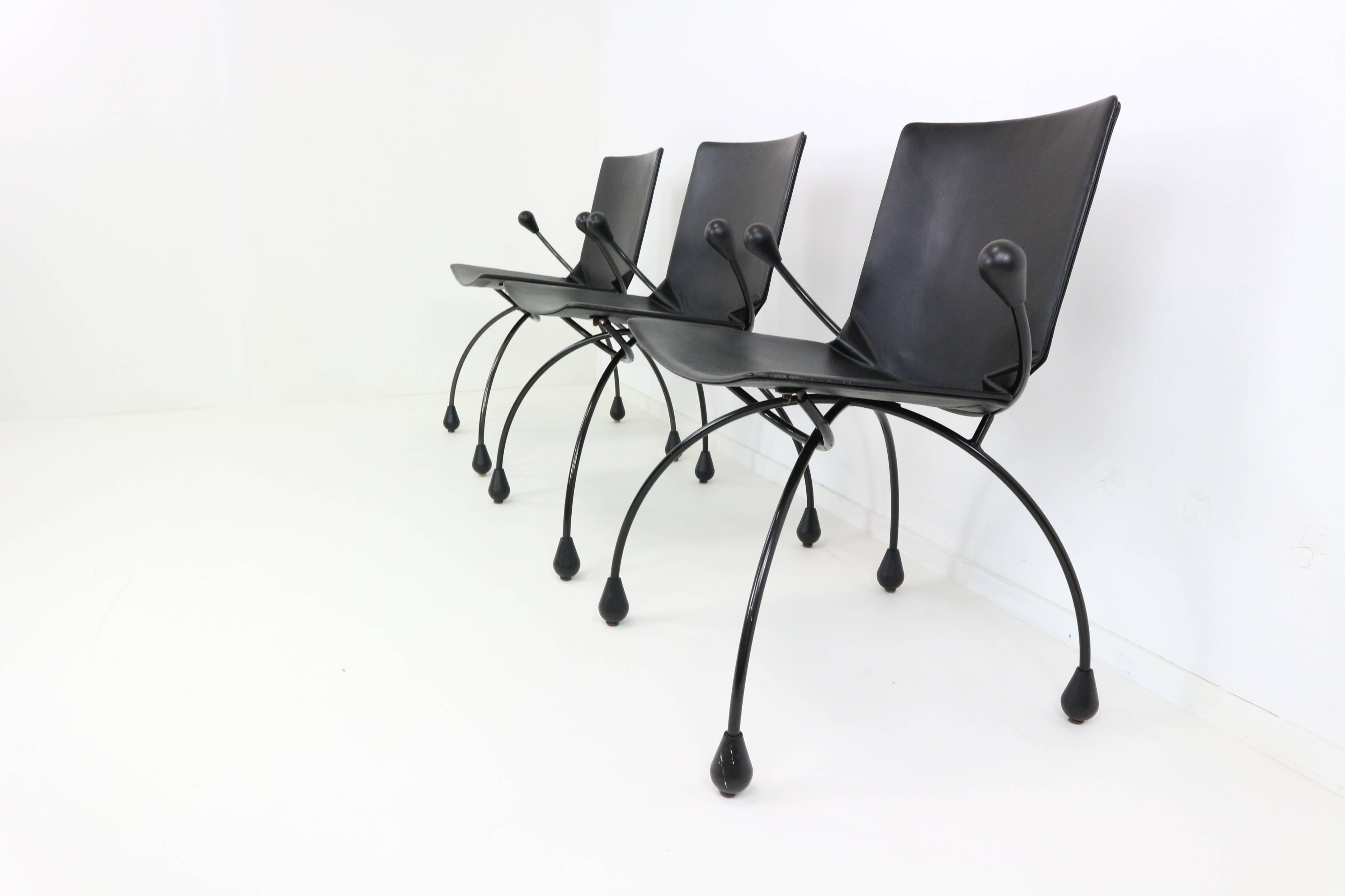 These 1980s funky dining chairs are made of real black leather on a metal base. Designed by Pierre Mazairac & Karel Boonzaaijer for Young International

We ship worldwide, do not hesitate to contact us. We inform you about the best price available,