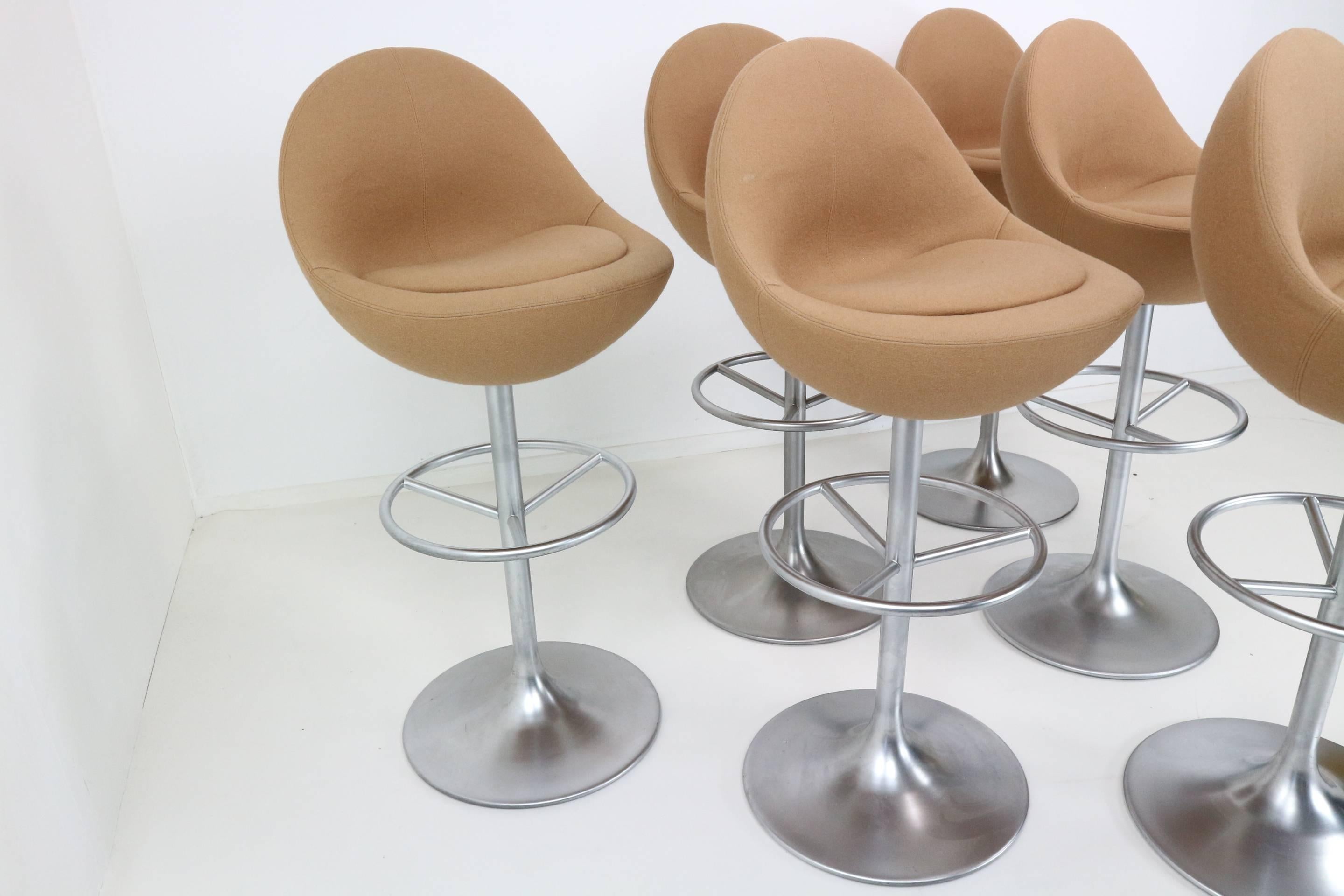 Thee sets of two Venus barstools designed by B. Johanson and manufactured by Johanson Design in Sweden, 1960s. Aluminium plating trompet feet and wool Kvadrat upholstery on the seating. We also have six armchairs 'Comet' in stock, in the same