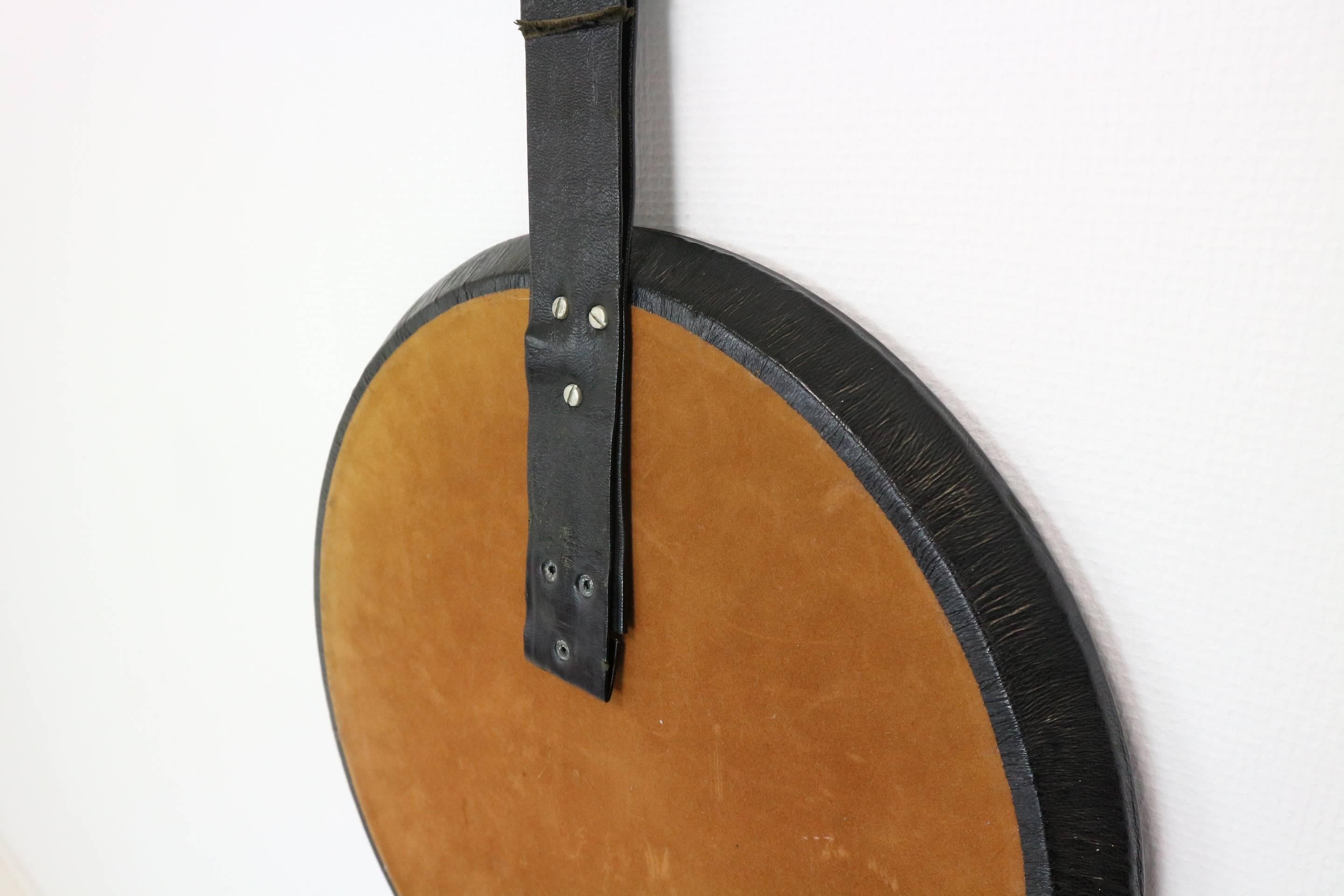 Round Mirror with Leather Frame in the Style of Jacque Adnet, 1950s 2