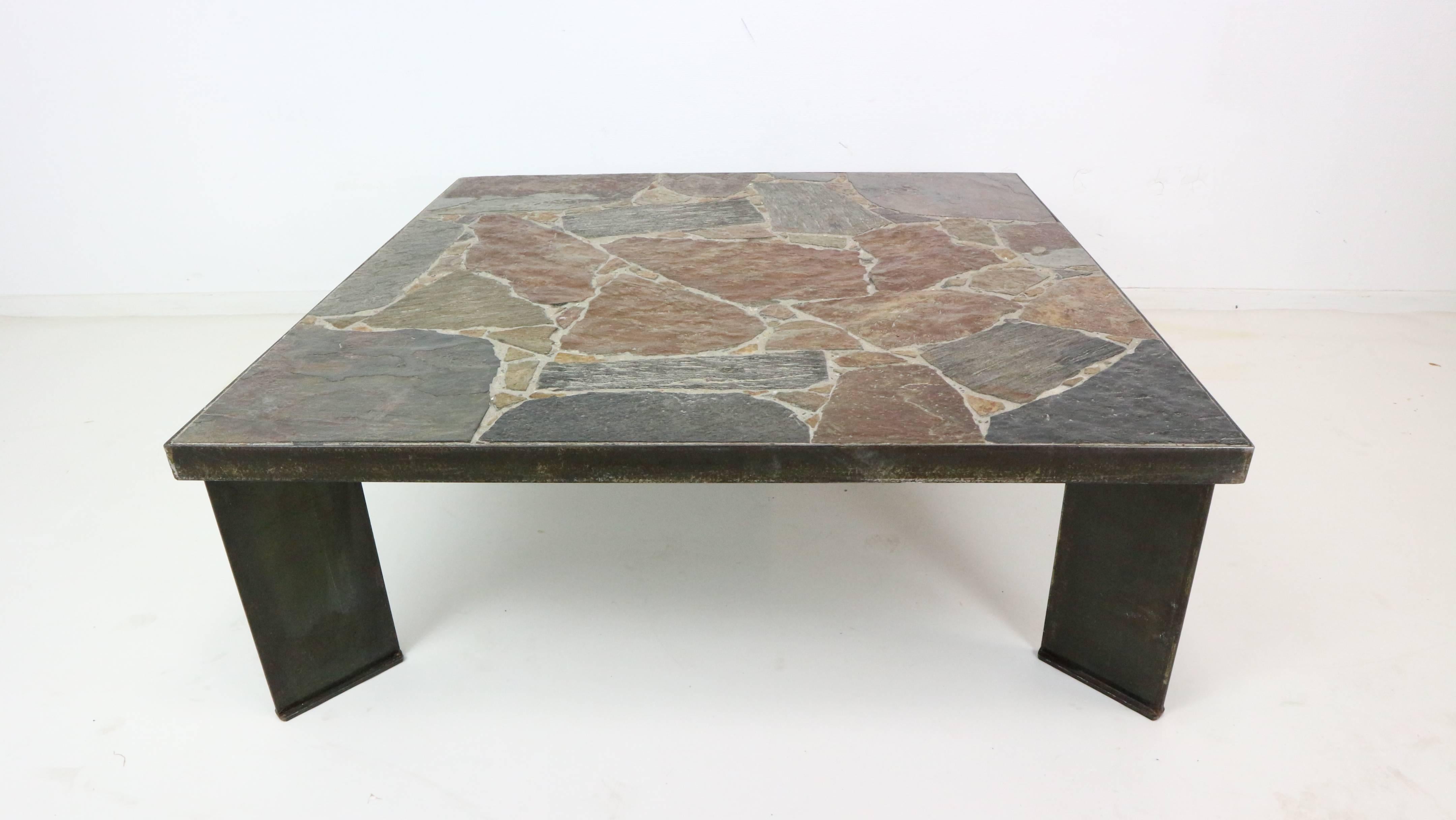 Brutalist Coffee Table with Slate Stone Top and Cast Iron Base, 1970s 1