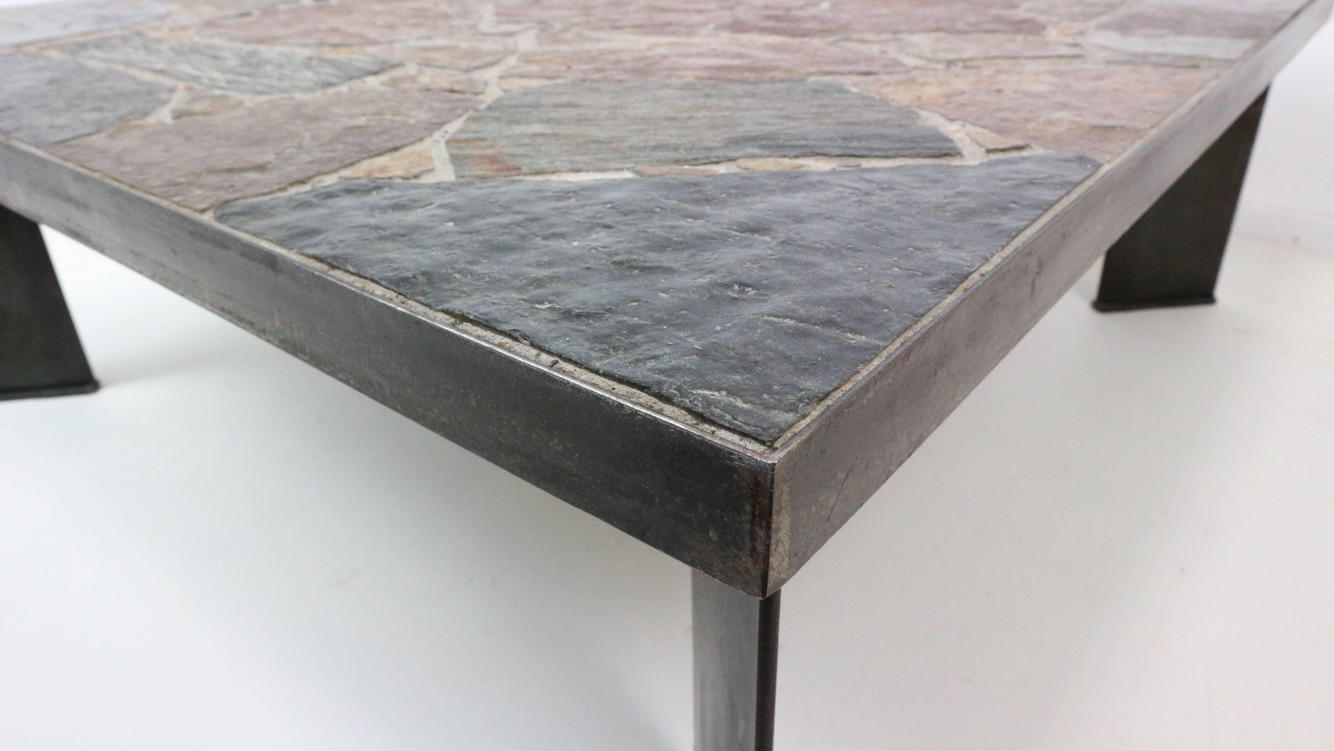 Late 20th Century Brutalist Coffee Table with Slate Stone Top and Cast Iron Base, 1970s