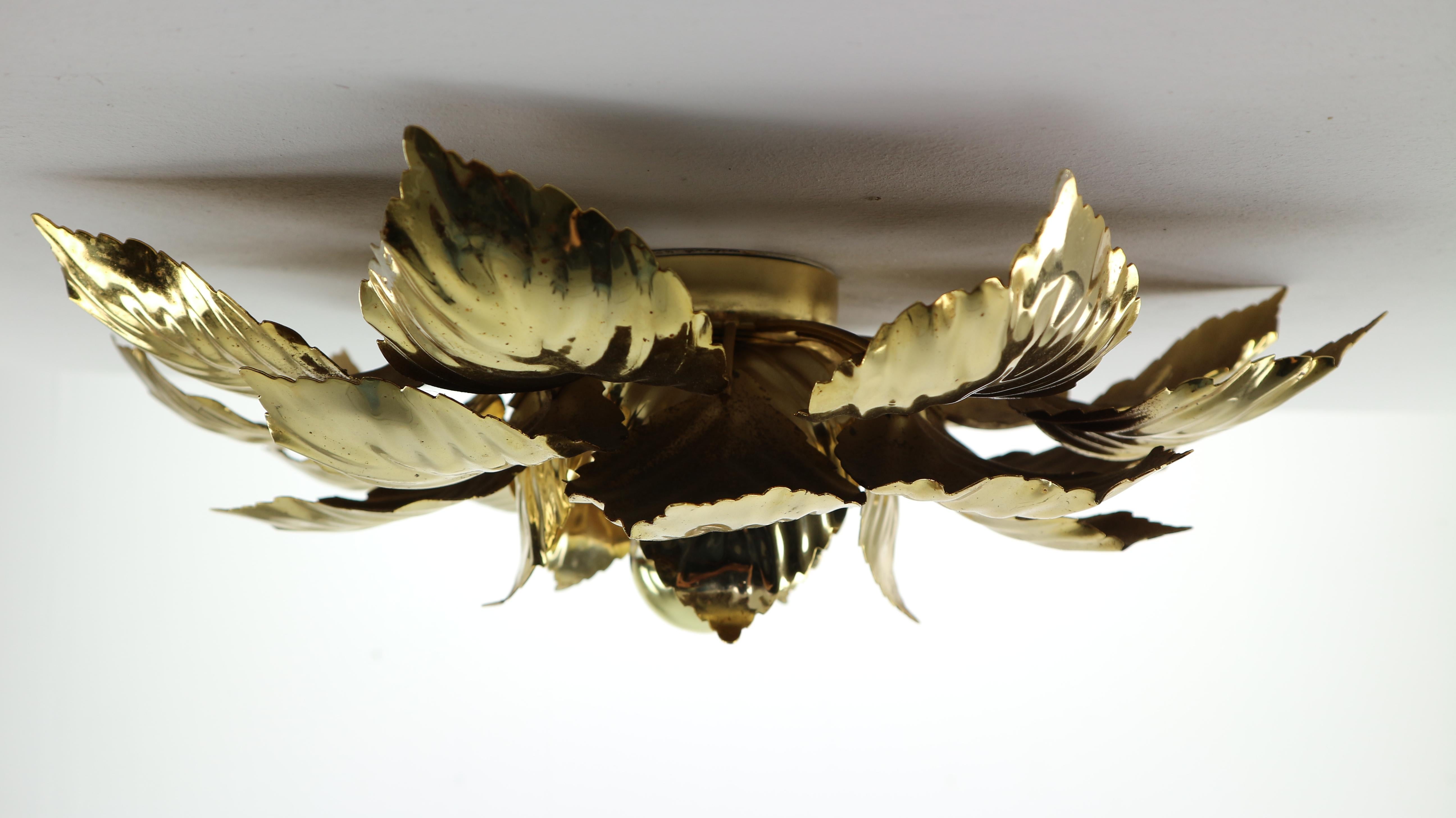 Brass Leaves Flush Mount Willy Daro, 1970s, Belgium In Good Condition In The Hague, NL