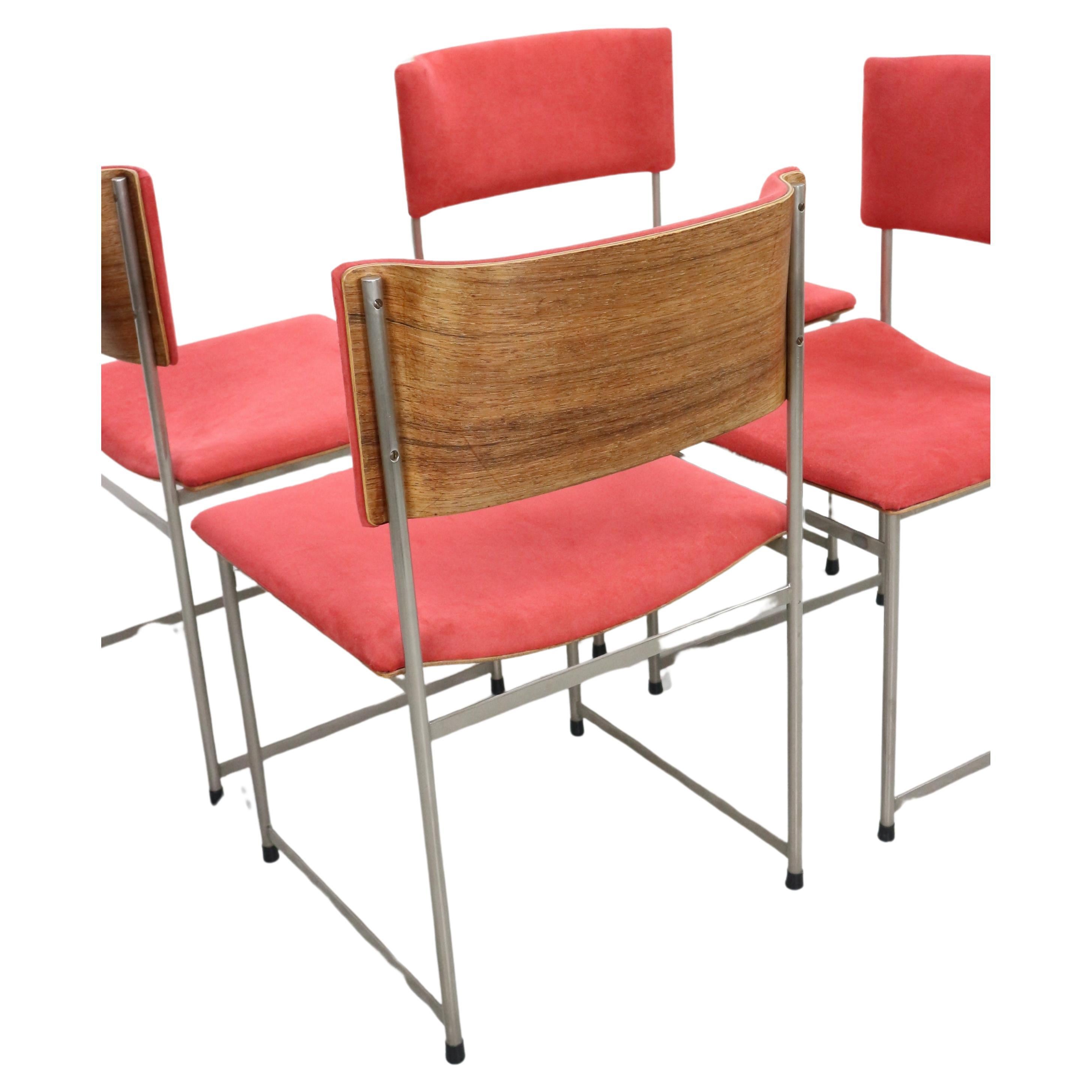 Set of 4 SM08 chairs designed in the 1950's by Cees Braakman for UMS Pastoe in the Netherlands. Nickel-plated metal frame and teak bentwood veneer backrest. The original alcantara upholstery is in good condition, some small pilling in the front side
