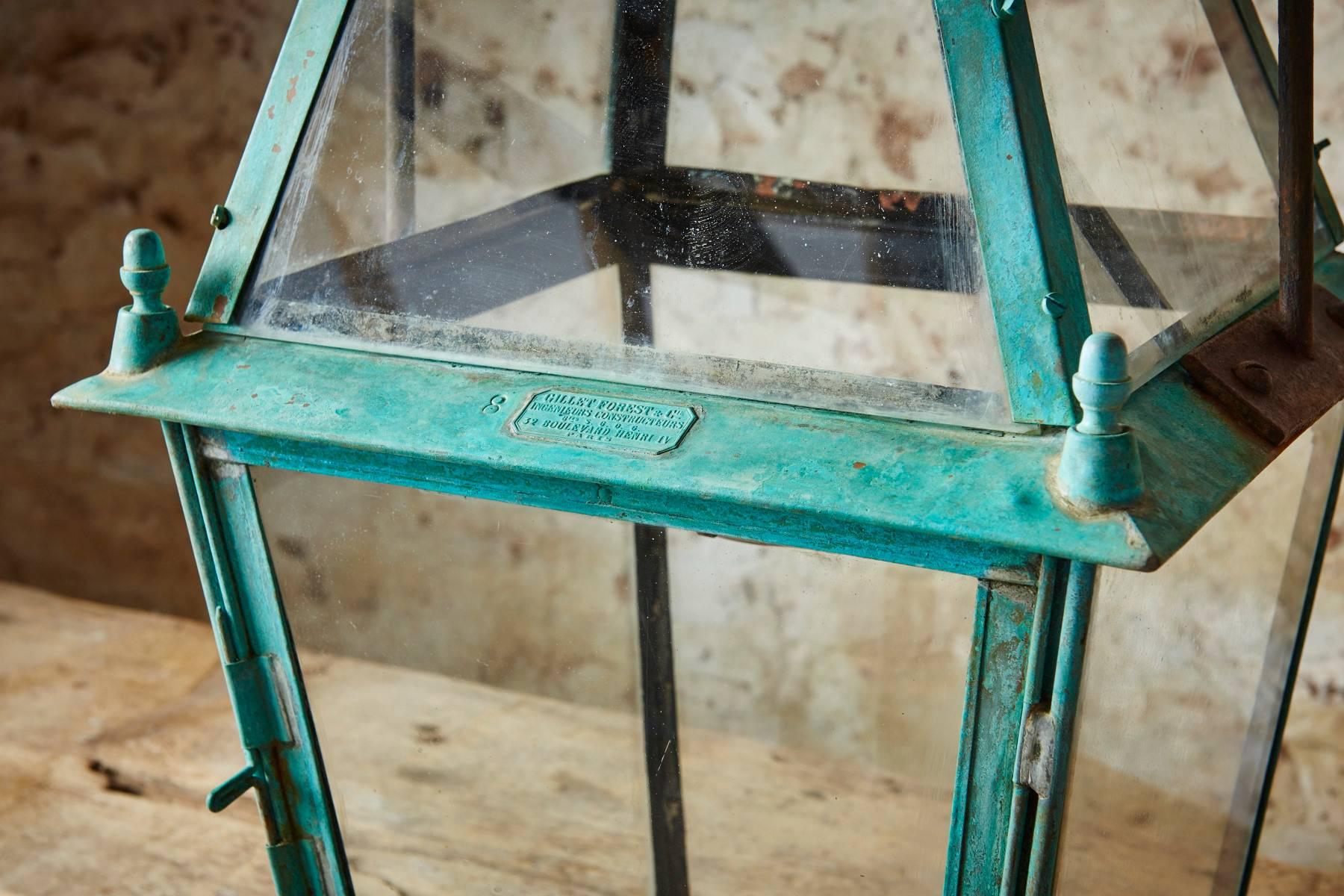 Patinated Brass Candle Lantern For Sale
