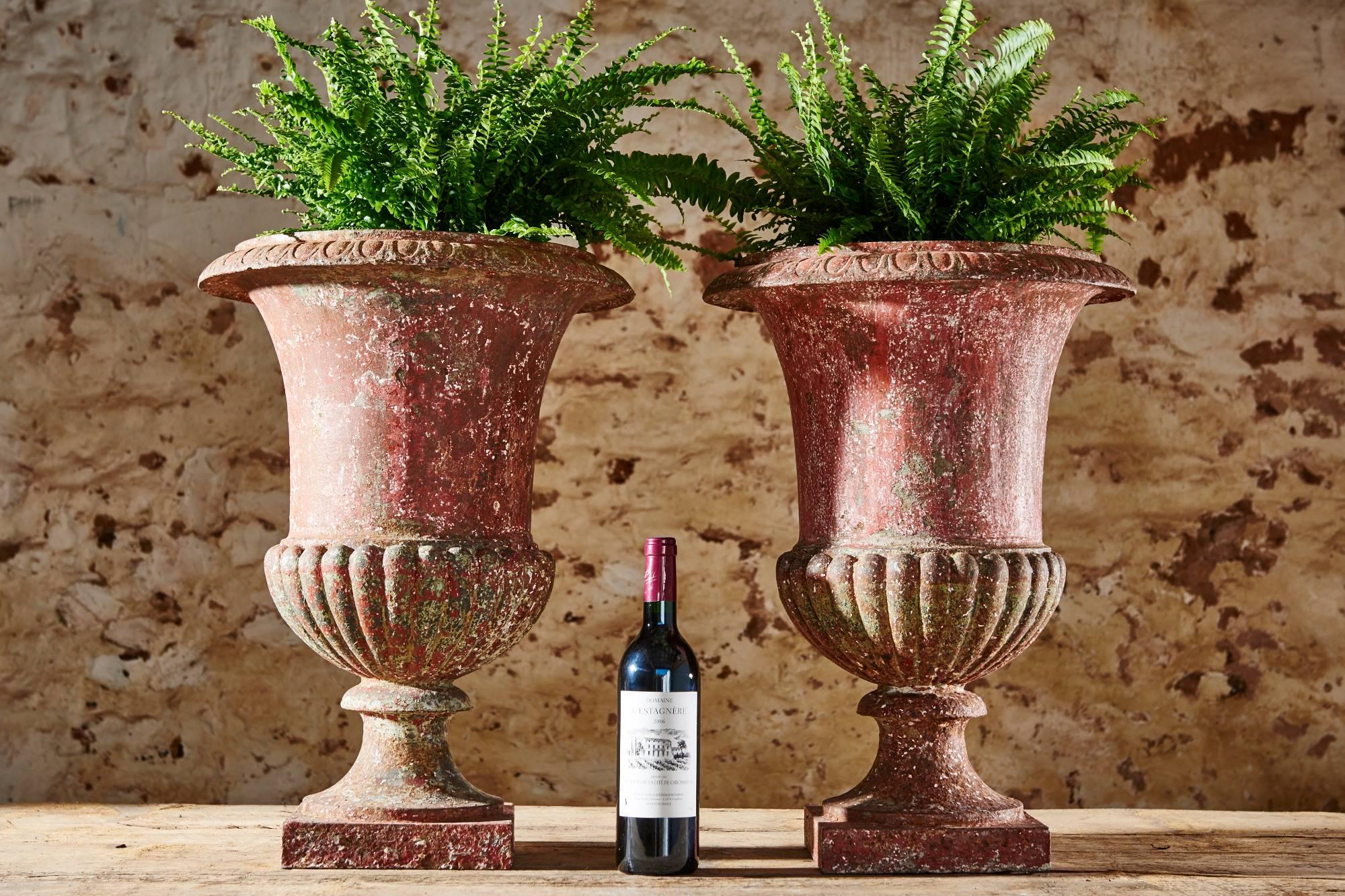 A pair of 19th century Medici urns with a beautiful red patina. We love both the style and finish of these elegant urns.

Each has a plain rim and body, with a fluted rim sitting on a square base The urns were originally painted in white and