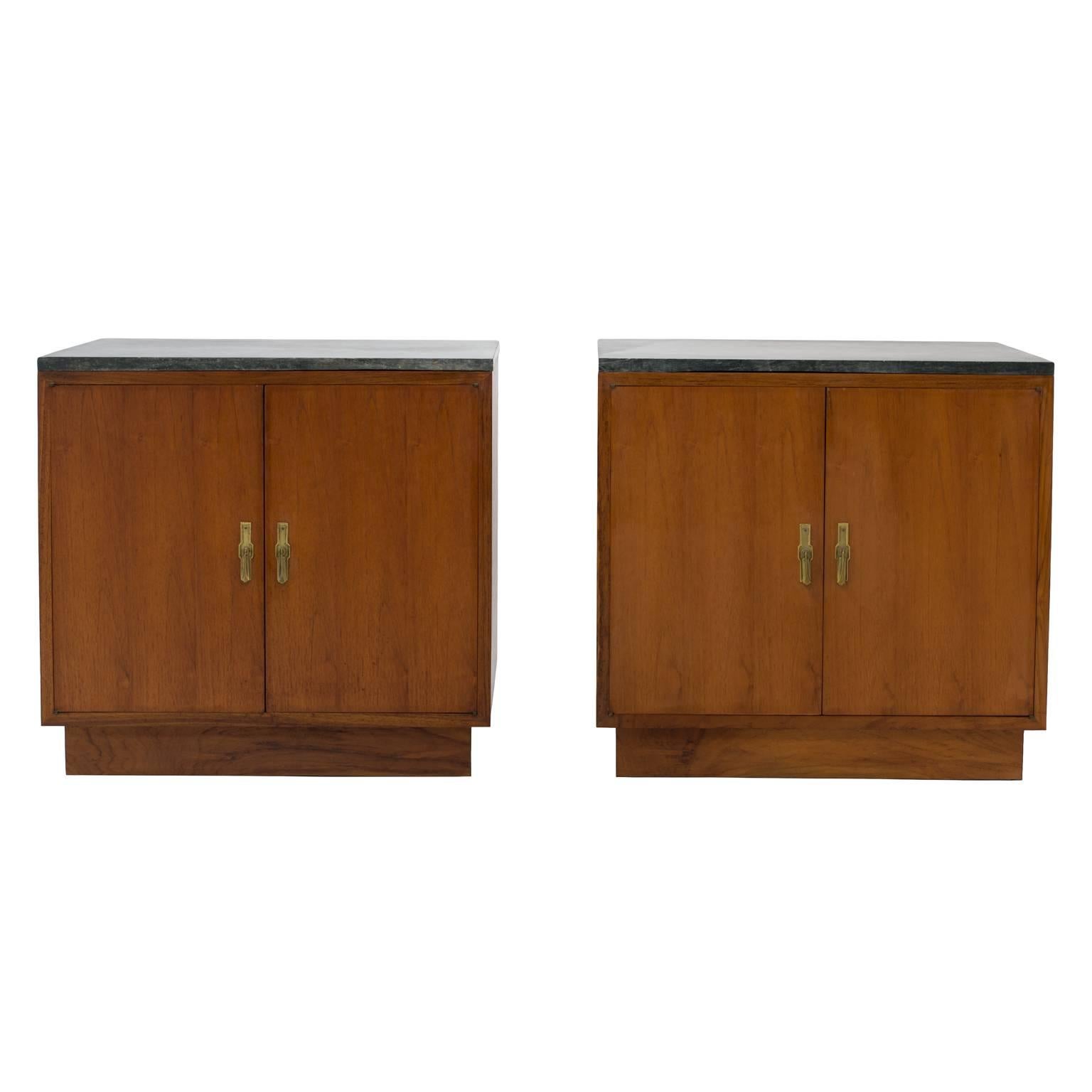 Pair of Mid-Century Side Cabinets or End Tables in Teak with Marble Top For Sale