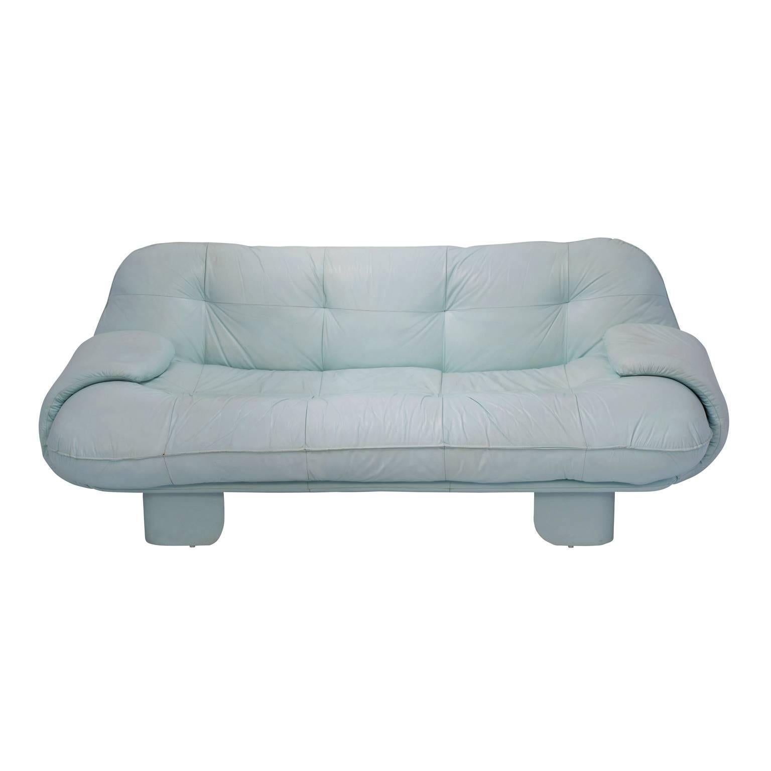 Vintage Baby Blue Leather Loveseat 1980s Italian For Sale