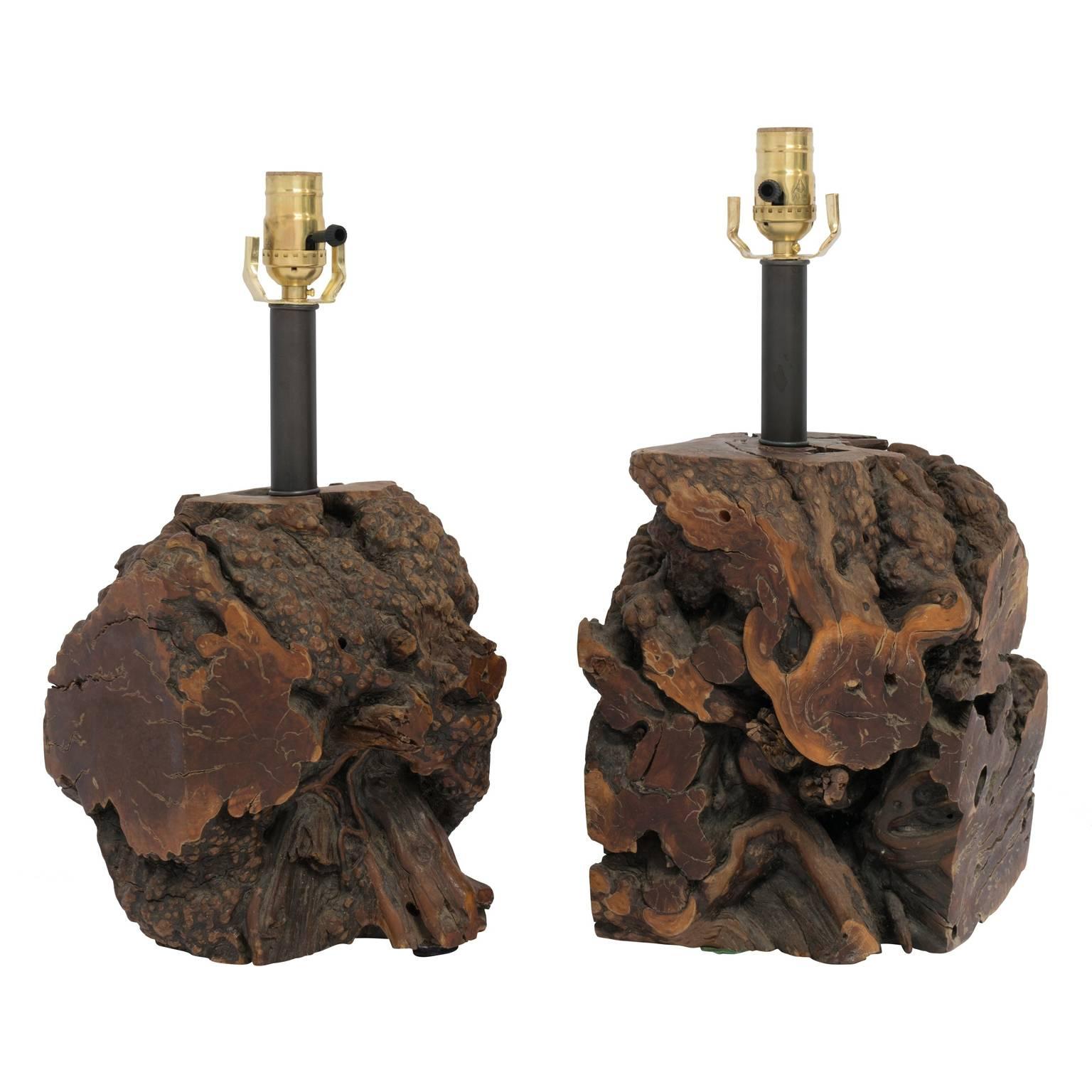 Mid-Century Burl Wood Table Lamps, Pair For Sale