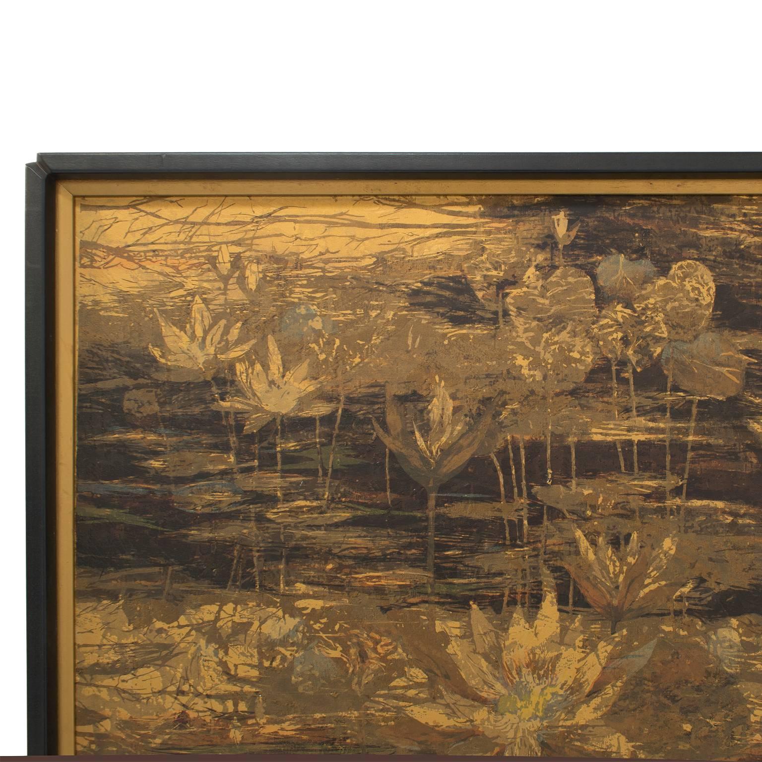 Impressionistic, gallery framed and very large original serigraph on board. Layers of opaque colors in metallic gold on a background of muted neutrals, each laid with its own screen, create a beautifully textured artwork. Including the frame, this
