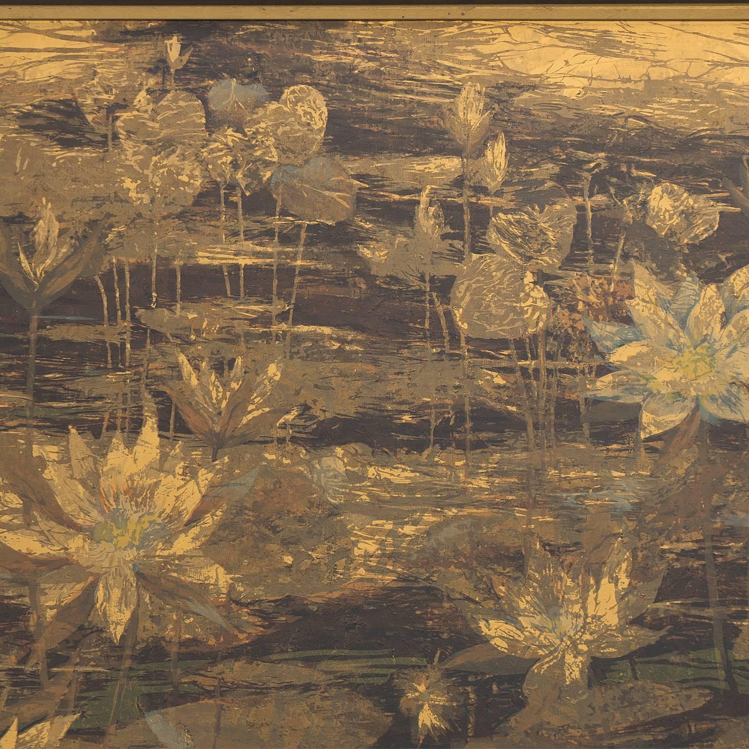 Large Framed Art Botanical Serigraph Water Lillies in Metallic Gold For Sale 1