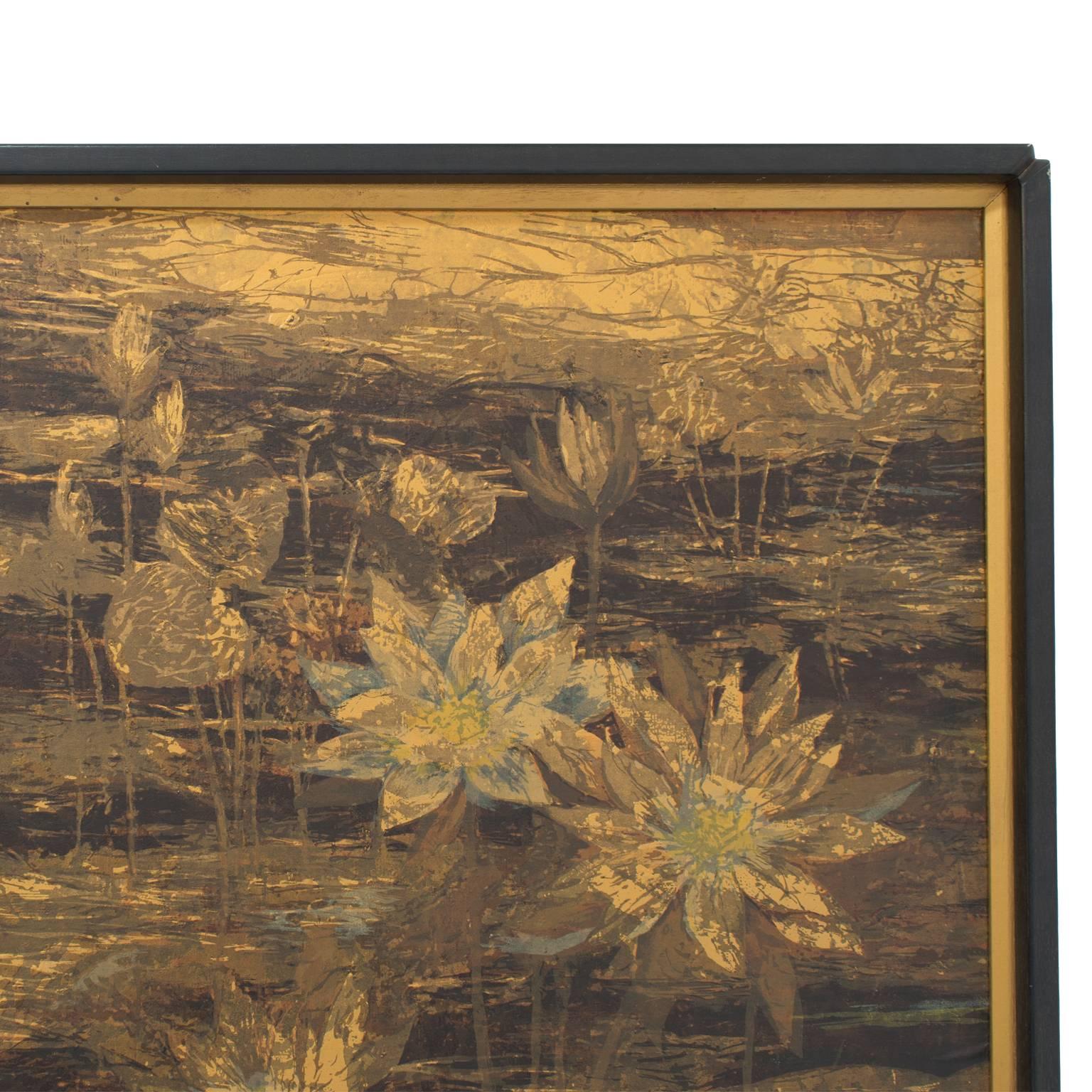 Mid-Century Modern Large Framed Art Botanical Serigraph Water Lillies in Metallic Gold For Sale