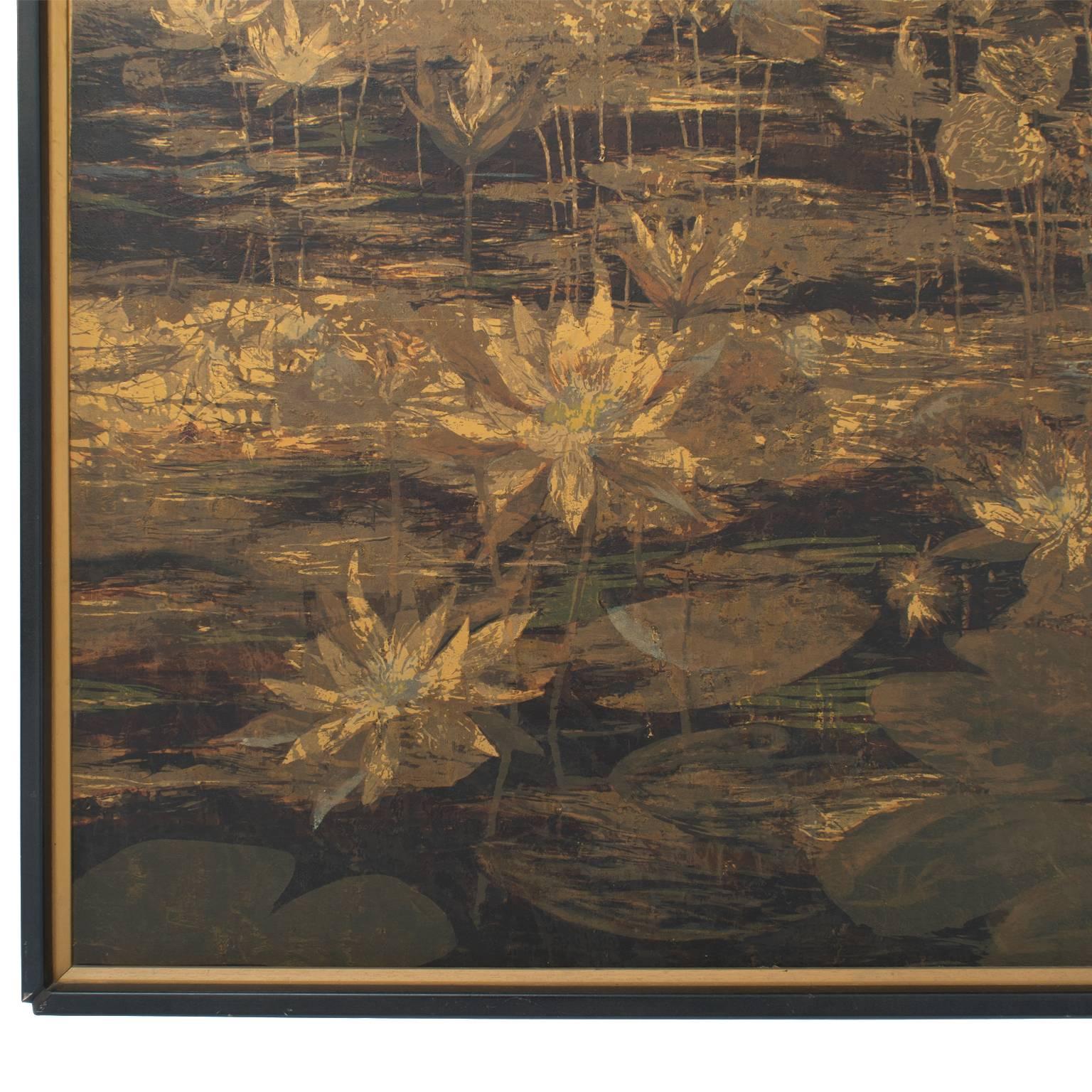 American Large Framed Art Botanical Serigraph Water Lillies in Metallic Gold For Sale