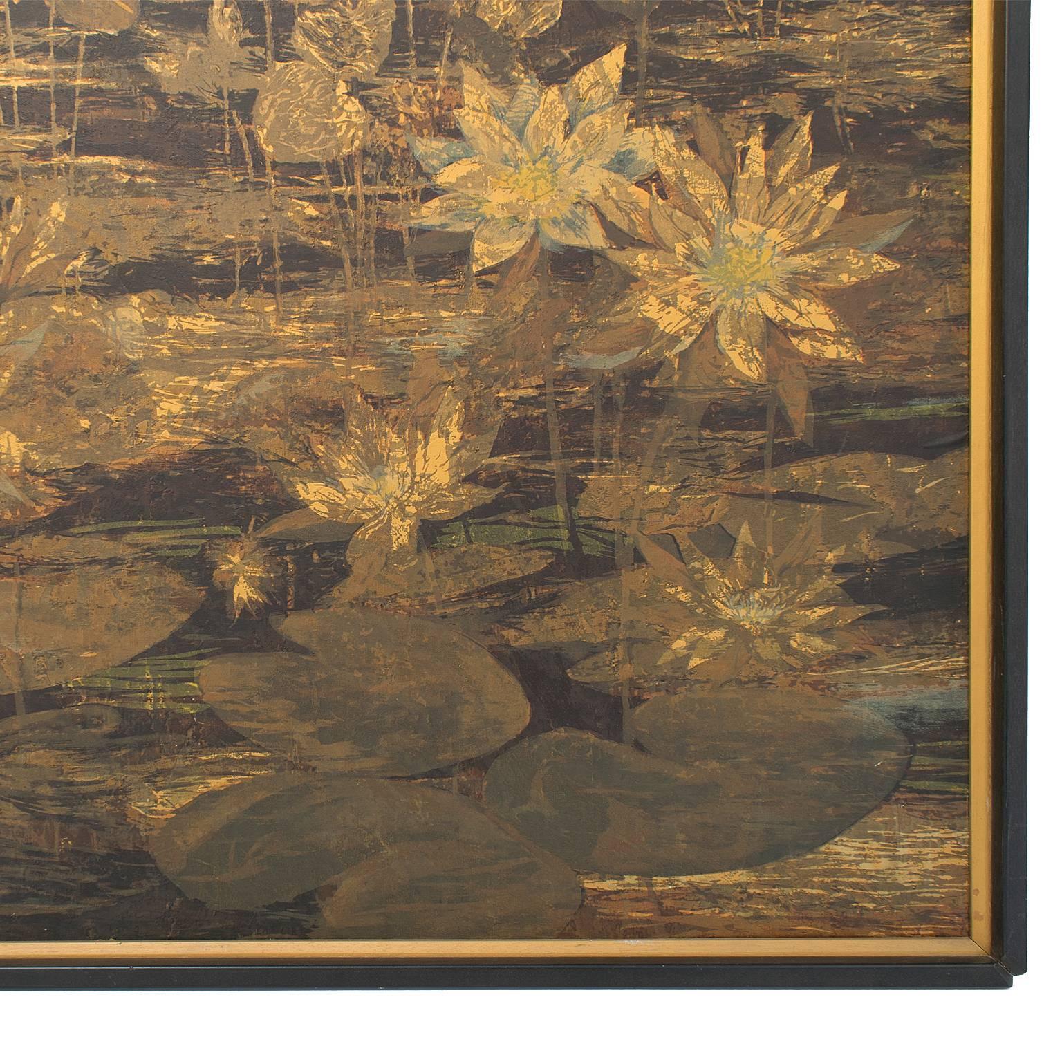 Large Framed Art Botanical Serigraph Water Lillies in Metallic Gold In Good Condition For Sale In Asheville, NC