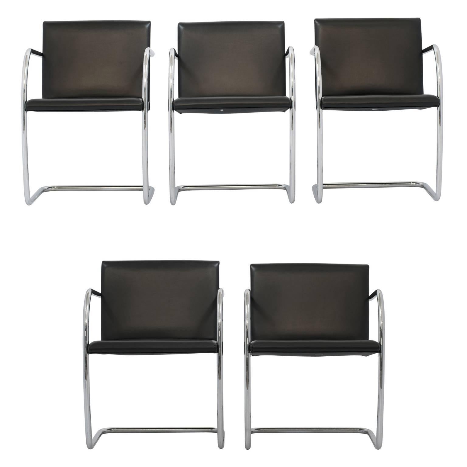 Italian Set of Five Brno Van Der Rohe Style Chairs Black Leather Tubular Steel, Italy
