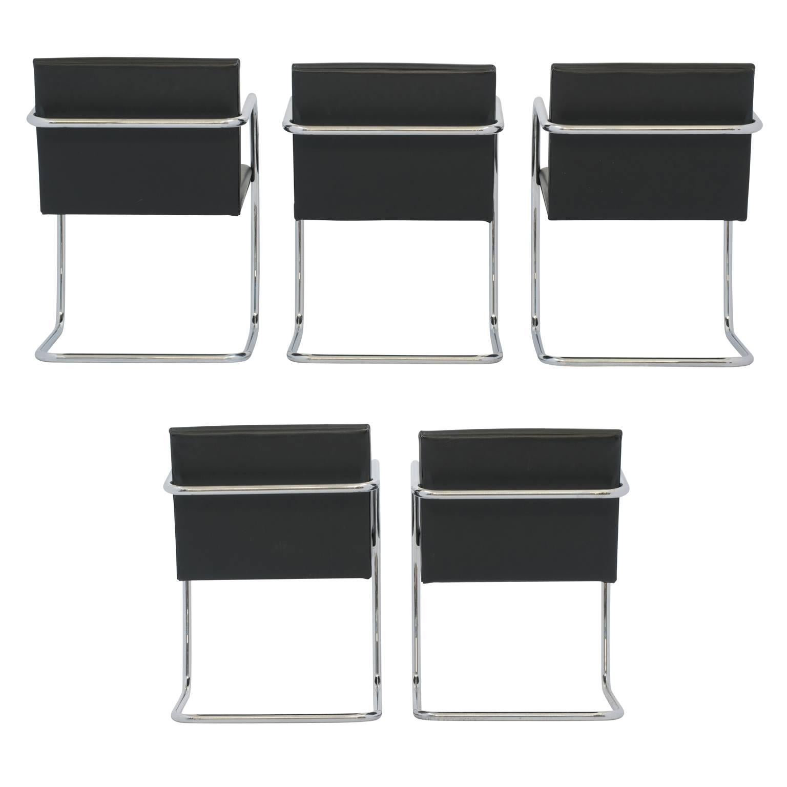 Set of Five Brno Van Der Rohe Style Chairs Black Leather Tubular Steel, Italy In Good Condition In Asheville, NC