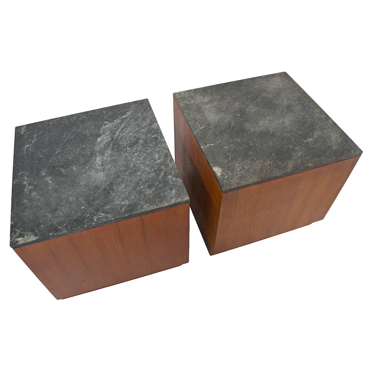 Pair of Mid-Century Side Cabinets or End Tables in Teak with Marble Top For Sale 1