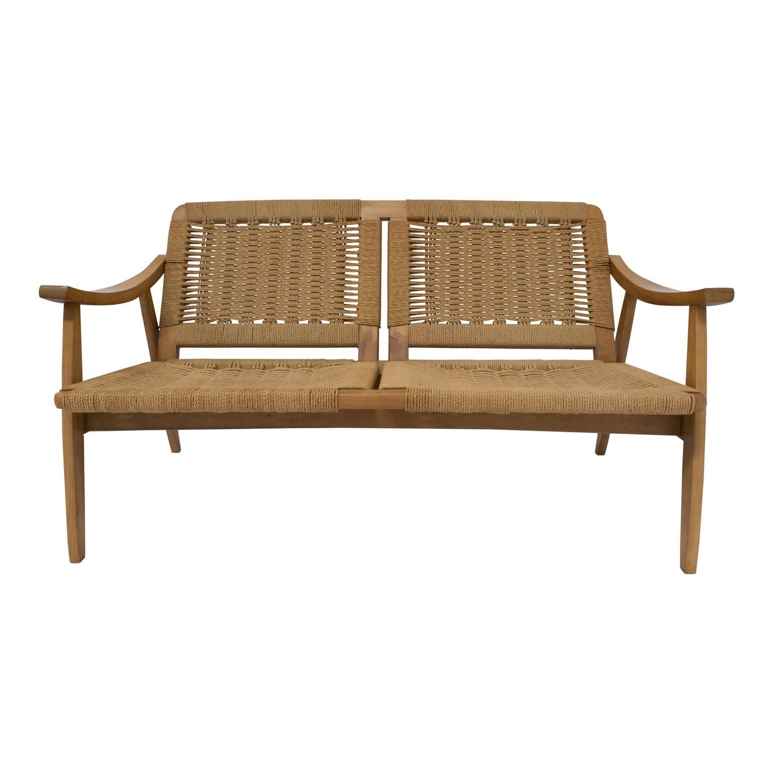Mid-20th Century Mid-Century Modern Rope Cord and Wood Bench Settee Hans Wegner Style
