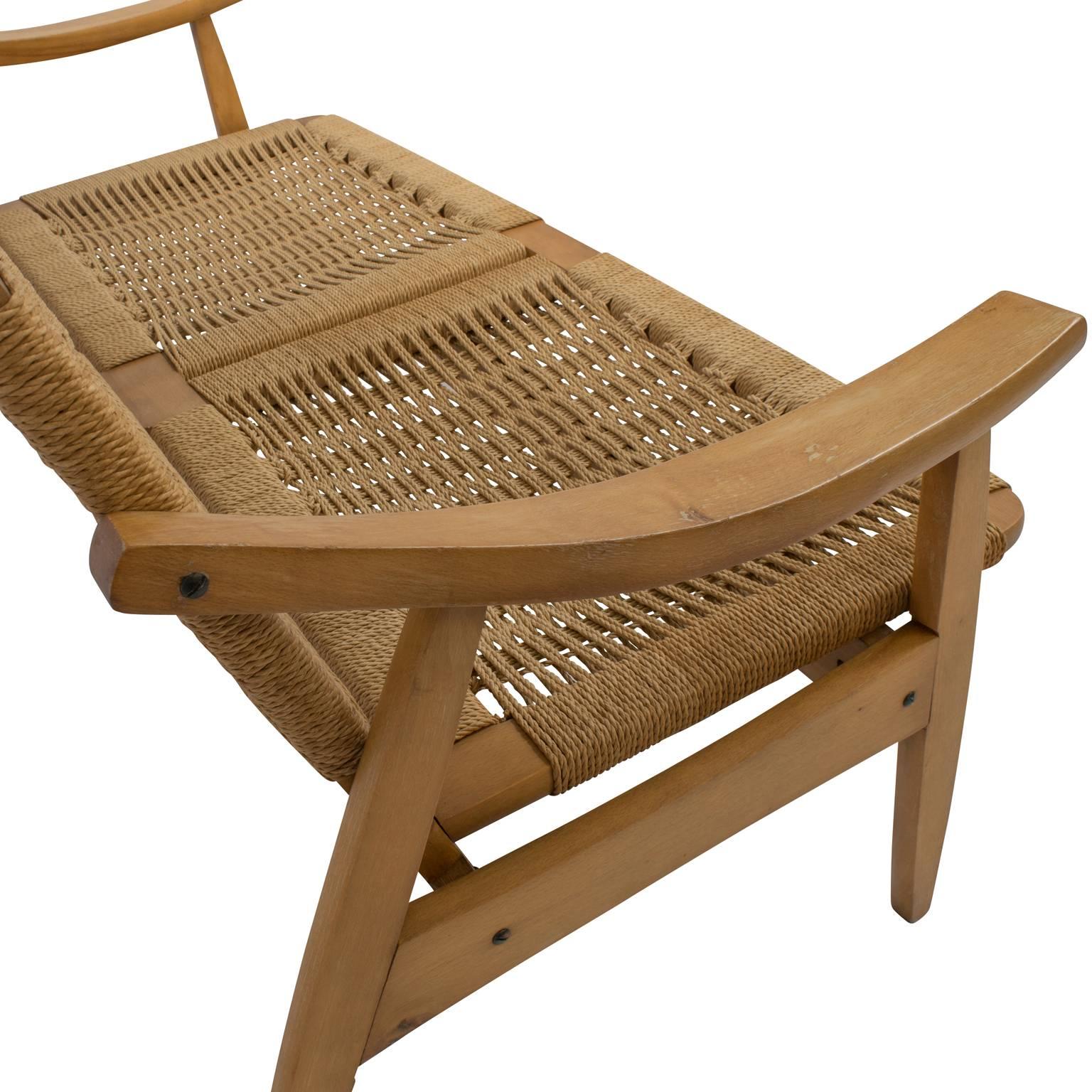 Macedonian Mid-Century Modern Rope Cord and Wood Bench Settee Hans Wegner Style