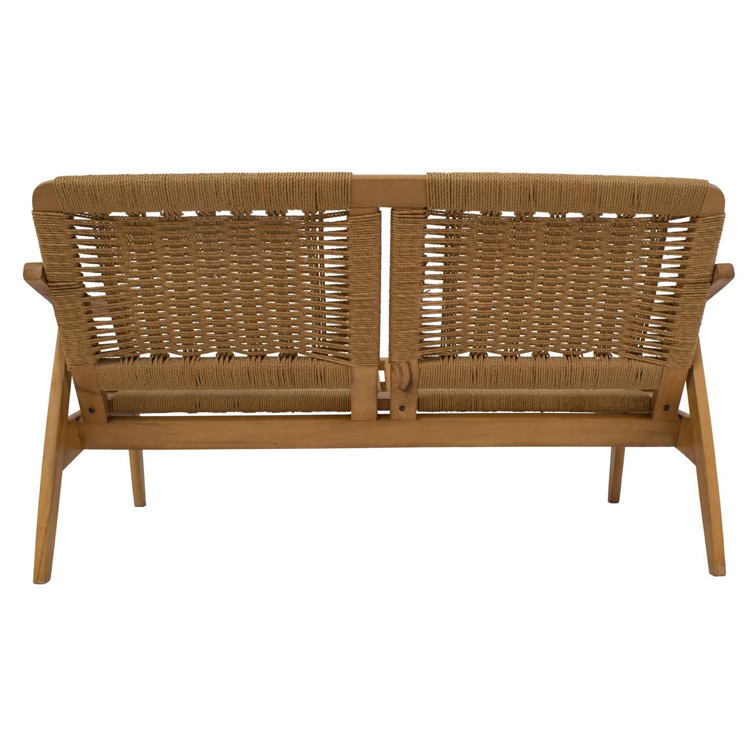 Scandinavian Modern Mid-Century Modern Rope Cord and Wood Bench Settee Hans Wegner Style