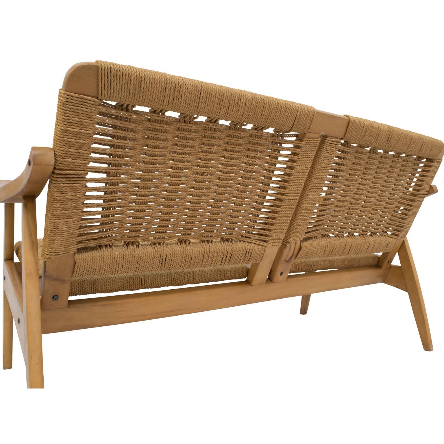 Mid-Century Modern Rope Cord and Wood Bench Settee Hans Wegner Style 2