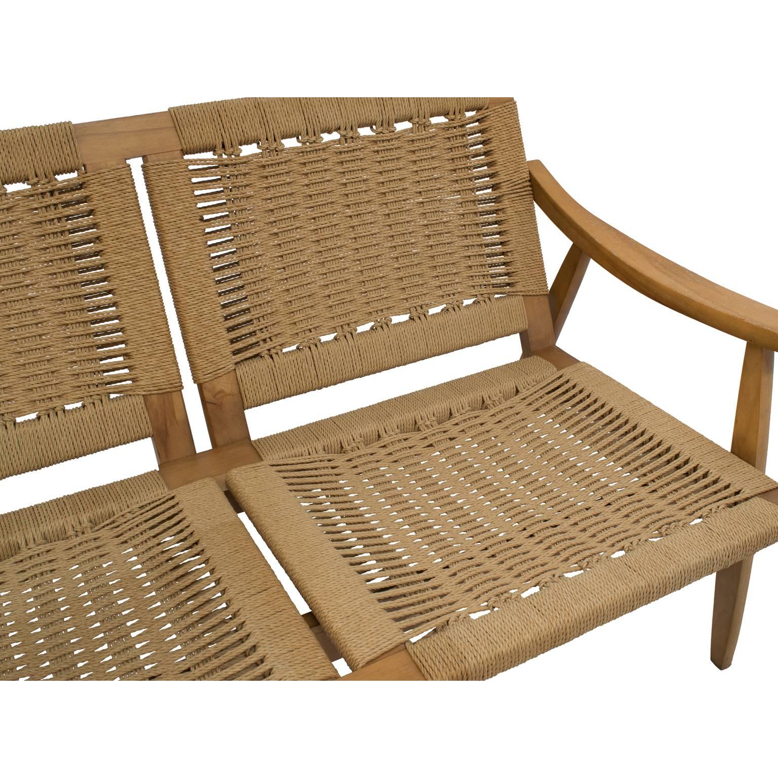 Mid-Century Modern Rope Cord and Wood Bench Settee Hans Wegner Style 1