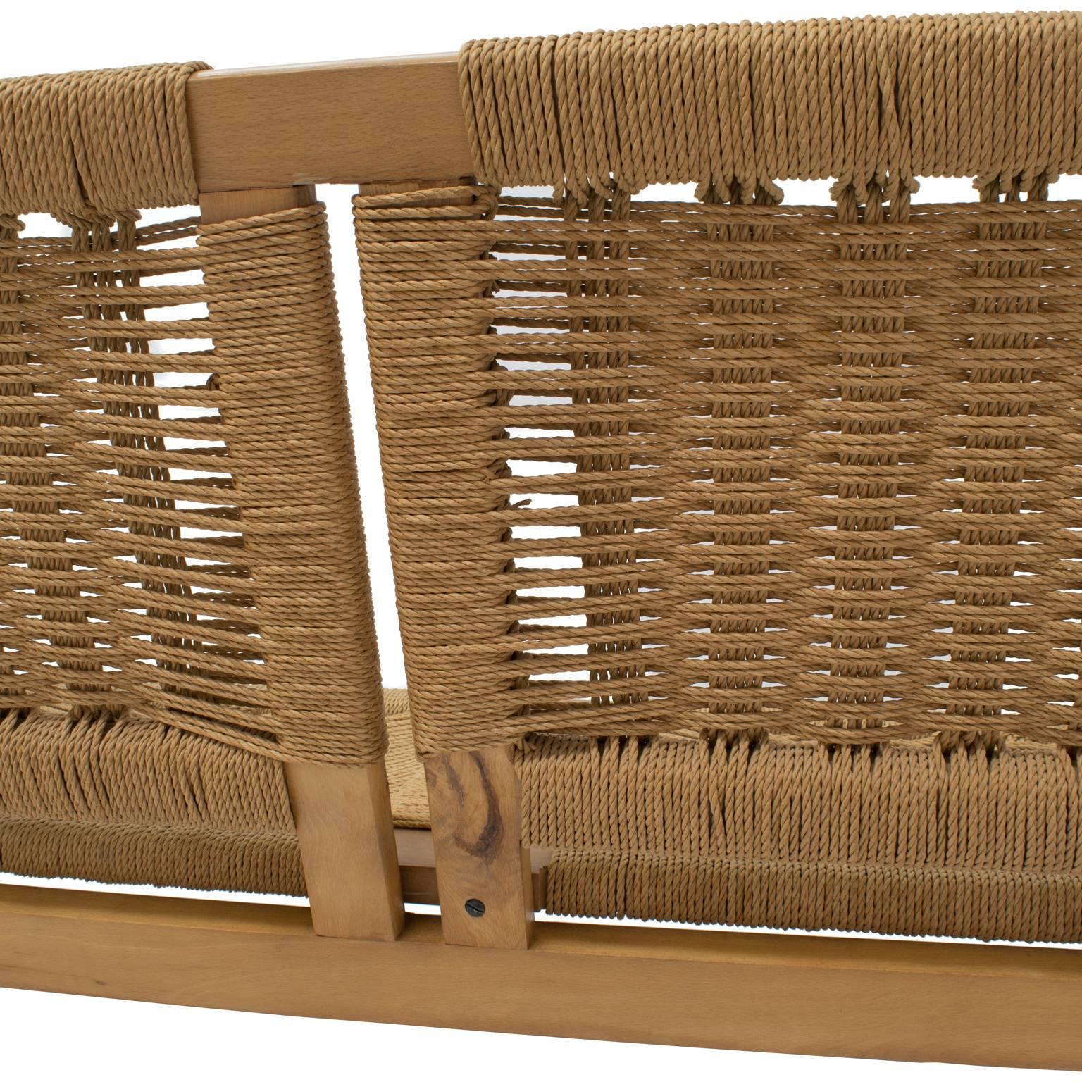 Mid-Century Modern Rope Cord and Wood Bench Settee Hans Wegner Style 3