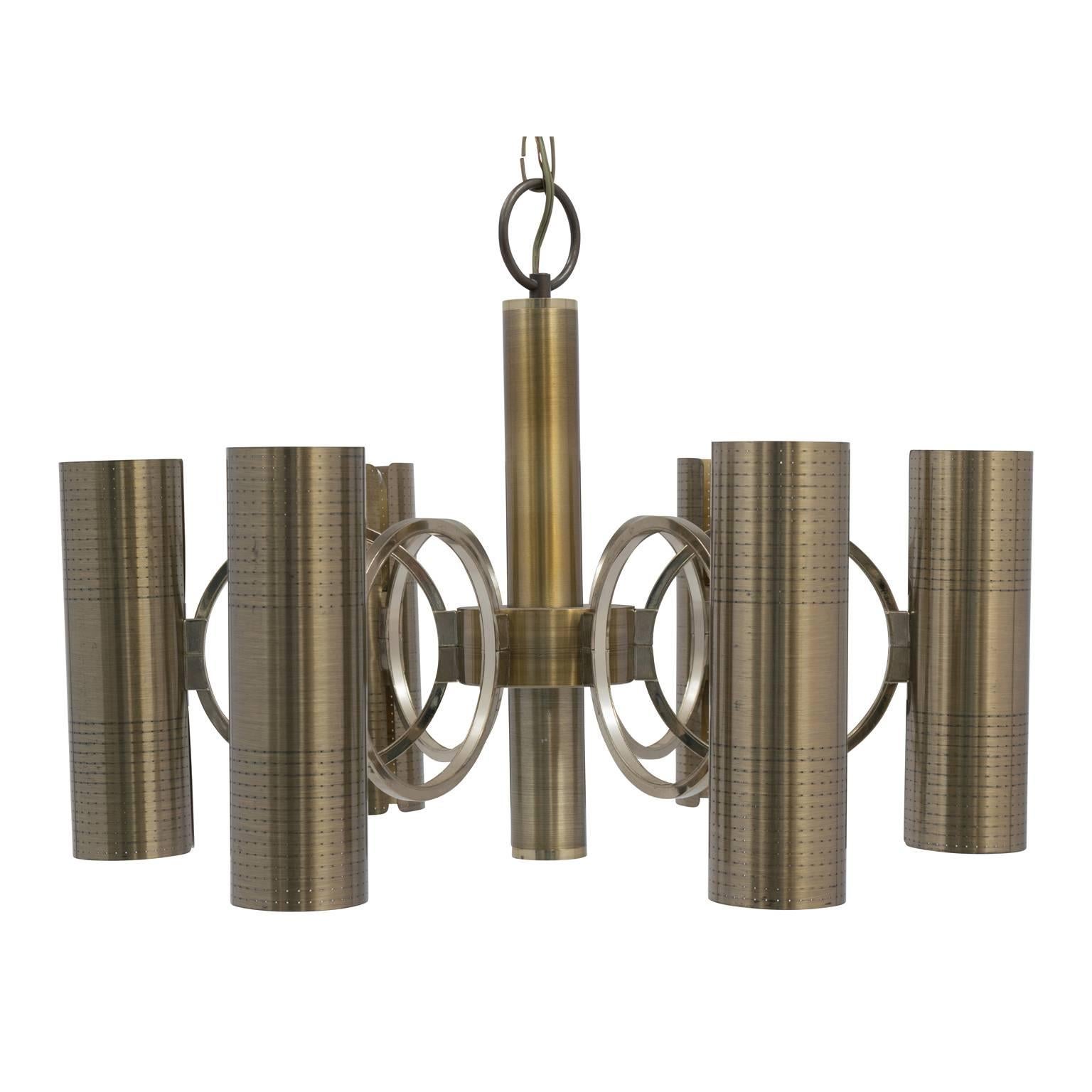Late 20th Century Mid-Century Six-Arm Twelve-Light Brass and Chrome Chandelier by Sciolari For Sale