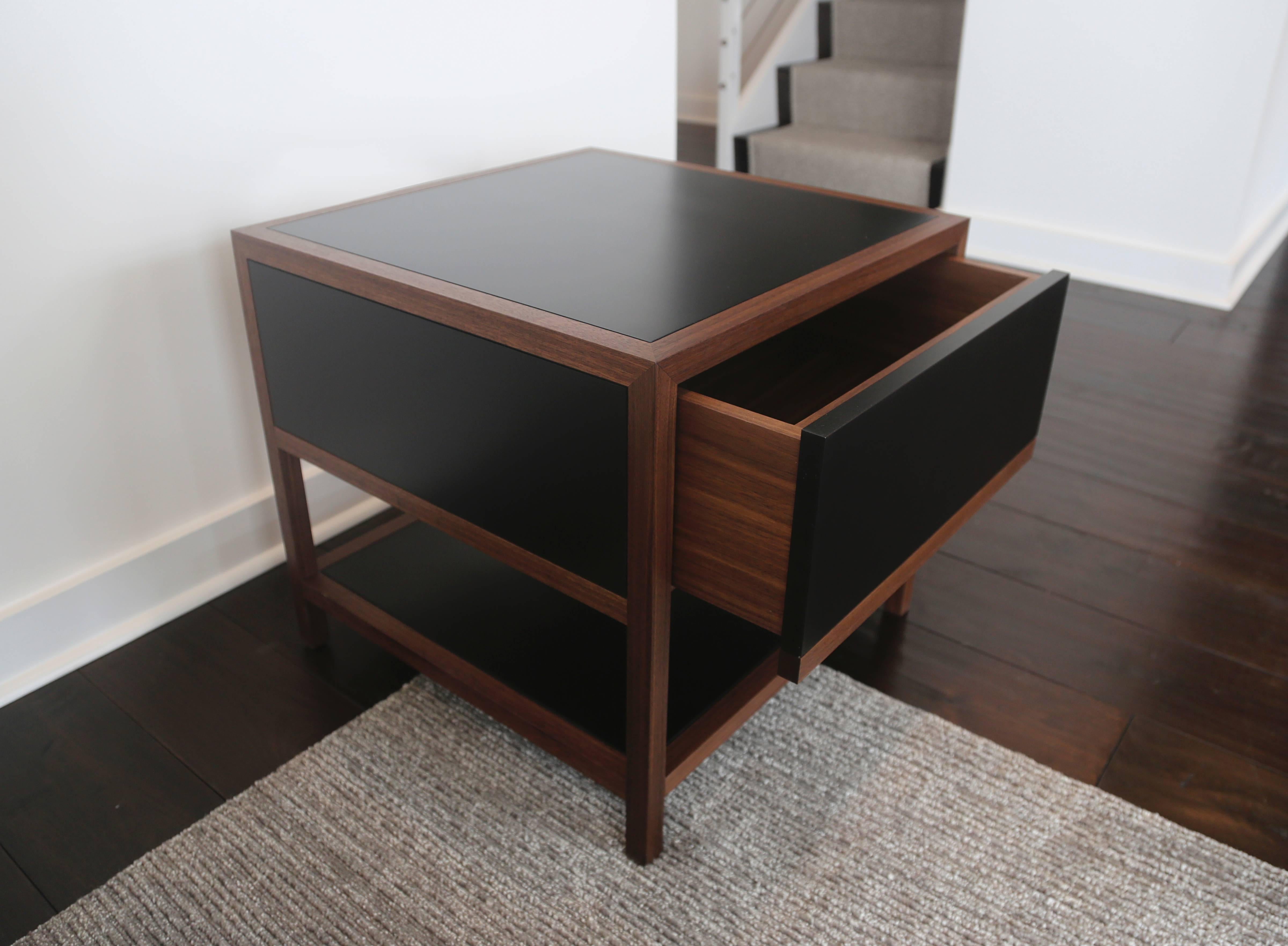 Ebonized Driver Side Table in Black Paper Composite and Oiled Walnut, Single Drawer For Sale