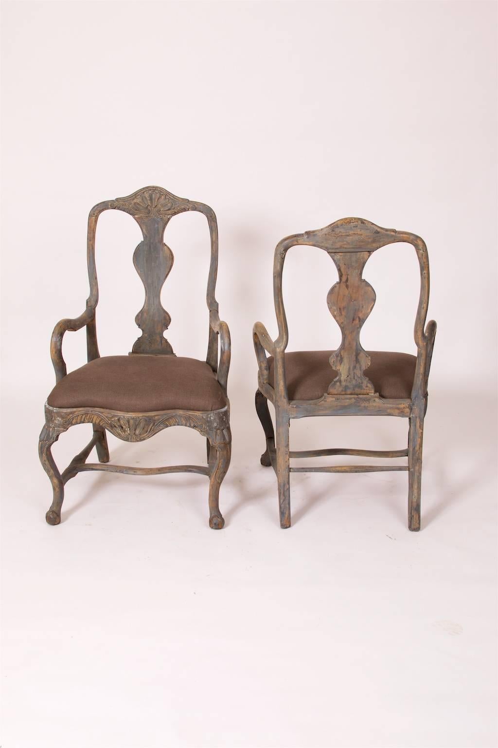 Painted Pair of Pidgeon Blue Rococo Armchairs, Gothenburg, Sweden, circa 1770 For Sale